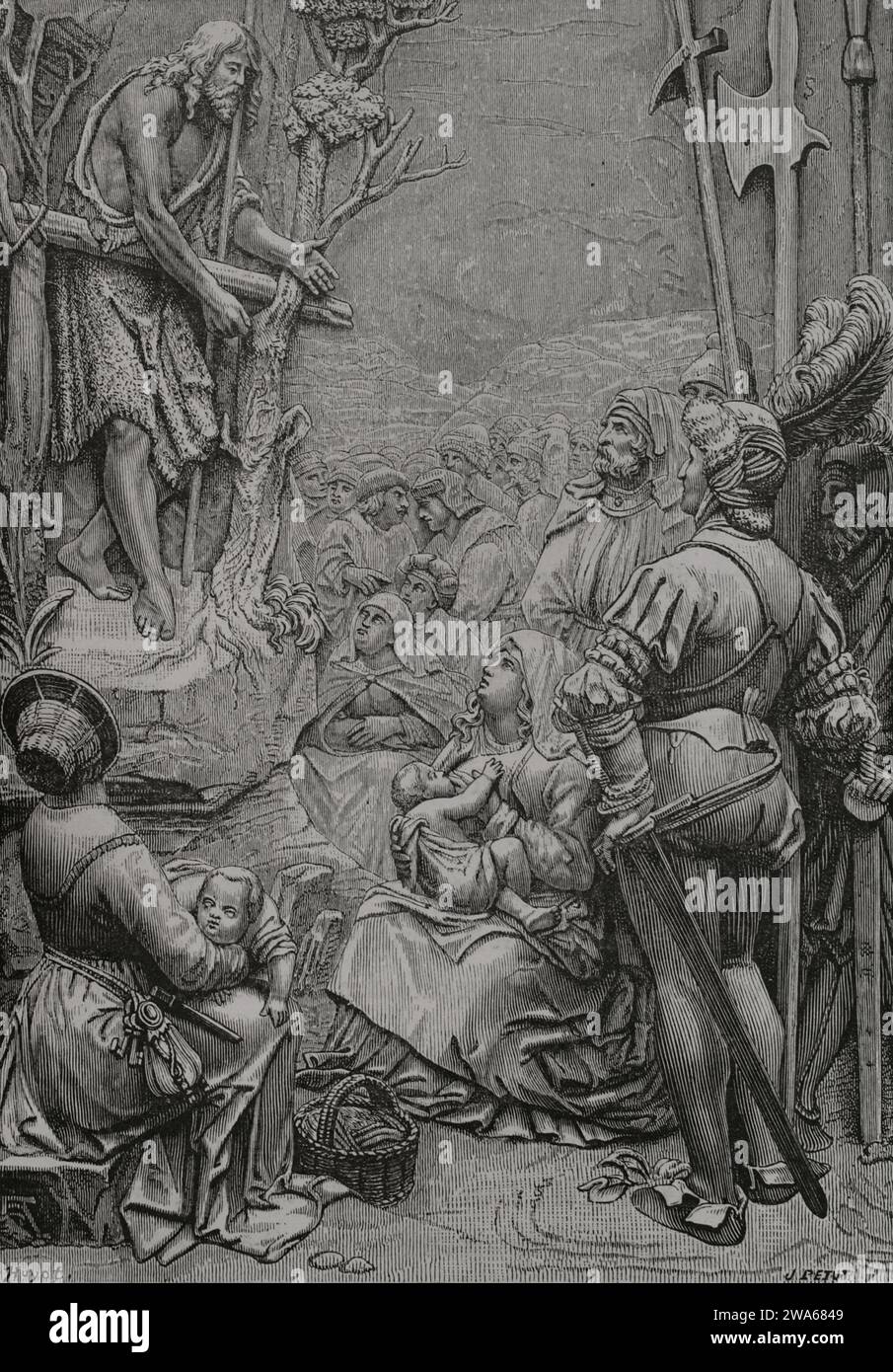 Johannes der Täufer predigt in der Wüste. Gravur von Huyot nach einem holzgeschnitzten Bas-Relief von Albrecht Durer. "Les Arts au Moyen Age et a l'Epoque de la Renaissance" von Paul Lacroix. Paris, 1877. Stockfoto