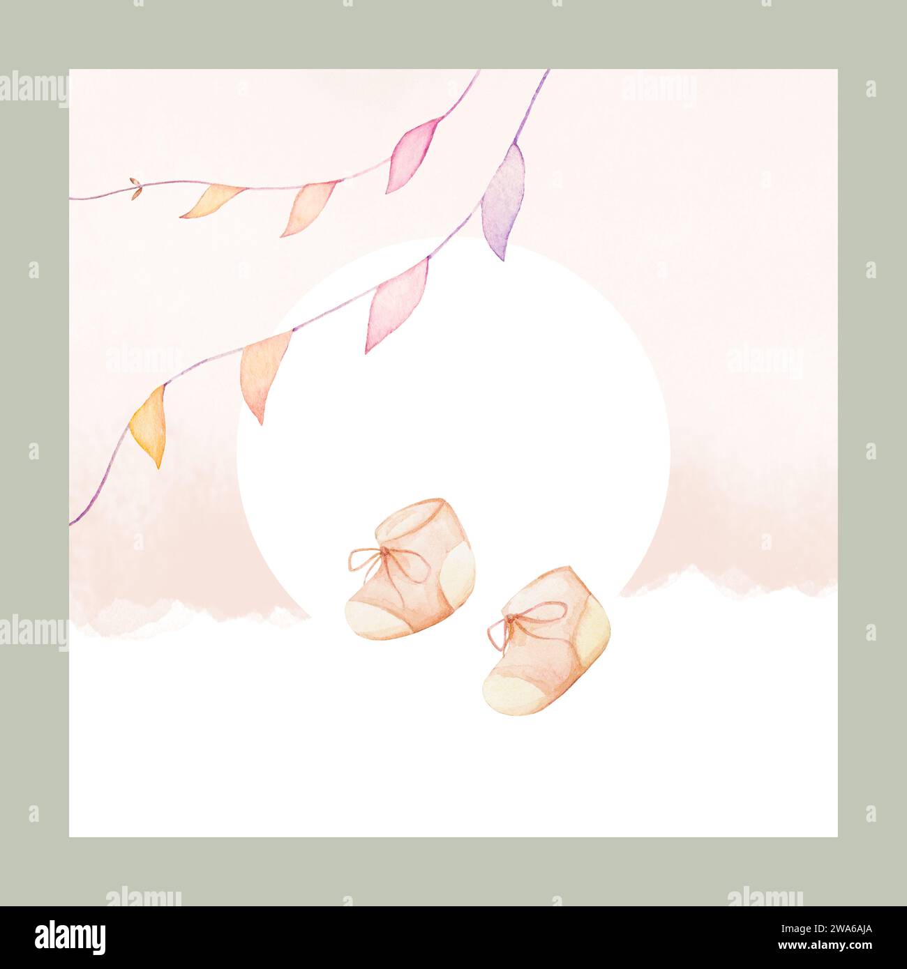Gratulation Baby Card. Handbemalte Babyschuhe In Aquarellfarben. Begrüßungskarte Für Mädchen. Illustration Der Geburtsankündigung. Pink Beige Farben Stockfoto