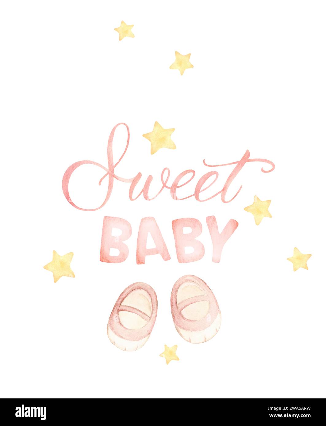 Sweet Baby Hand Schriftzug. Design für Karten, Druck, Poster. Vorgefertigte Komposition. Handgezeichnetes Aquarell Mit Clip-Art Stockfoto