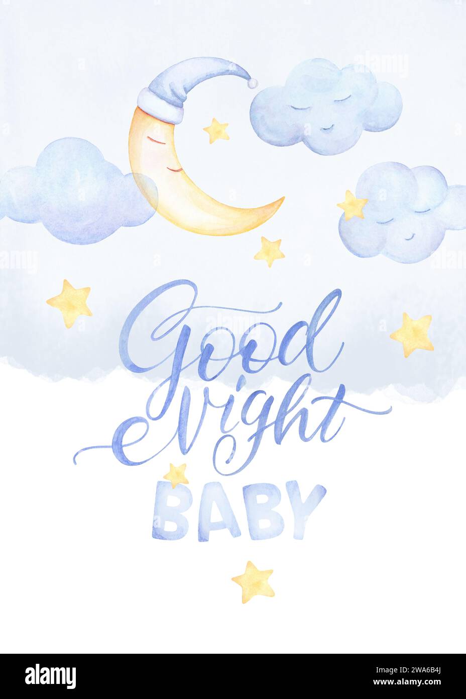 Goodnight Baby Poster, Aquarell Nacht Himmel Mond Illustrationen, Himmel Thema Kinderzimmer, Hand Gezeichnet Aquarell Clip Art Stockfoto