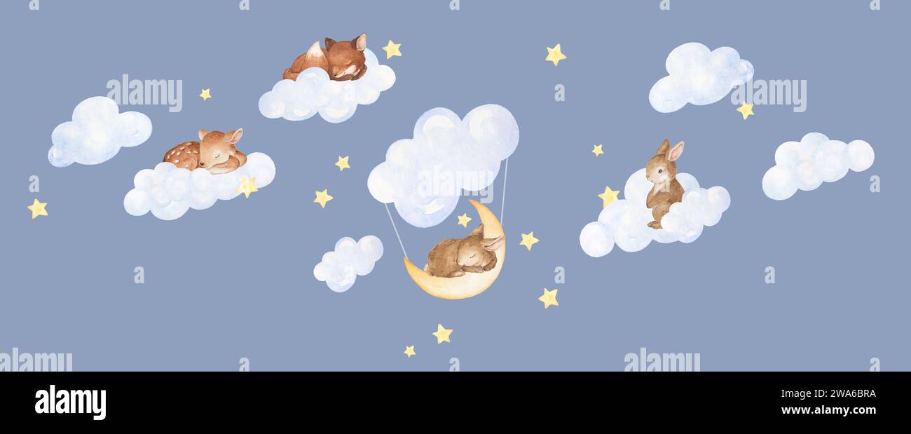 Schlafendes Tier auf der Cloud Clipart. Illustrationen Zum Himmel. Sky Nursery Art, Cloud Nursery Dekor. Babytierdrucke, Blauer Hintergrund Stockfoto