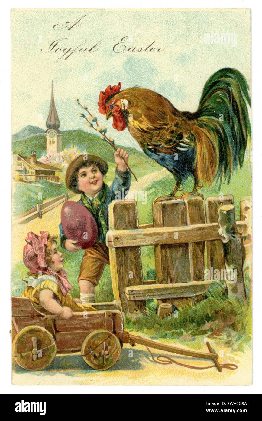 Original Edwardian Ära Oster Grußkarte, Wishing a perfect Easter, Junge mit Hahn, veröffentlicht am 28. März 1907. GROSSBRITANNIEN Stockfoto