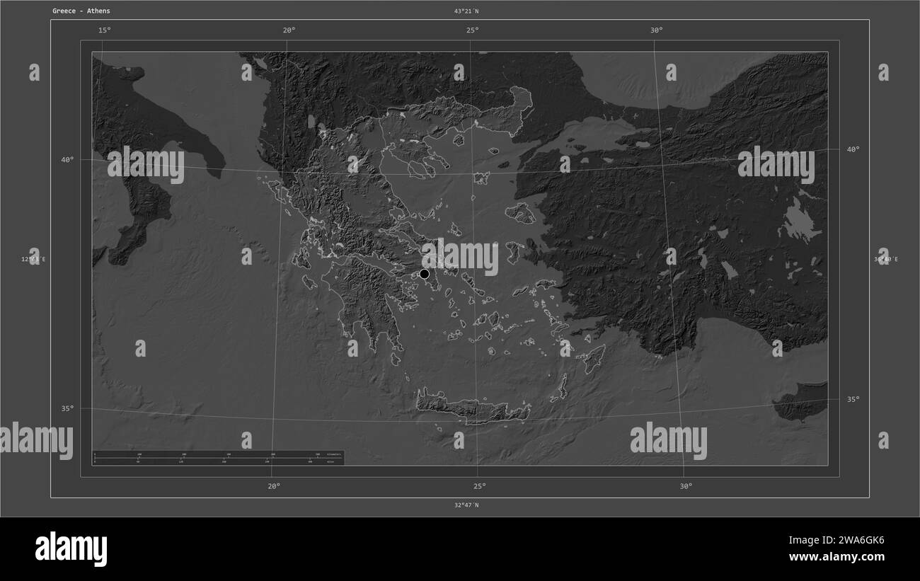 Griechenland wird auf einer Bilevel-Höhenkarte mit Seen und Flüssen Karte mit Landeshauptstadt, kartographischem Raster, Entfernungsskala und Karte bo hervorgehoben Stockfoto