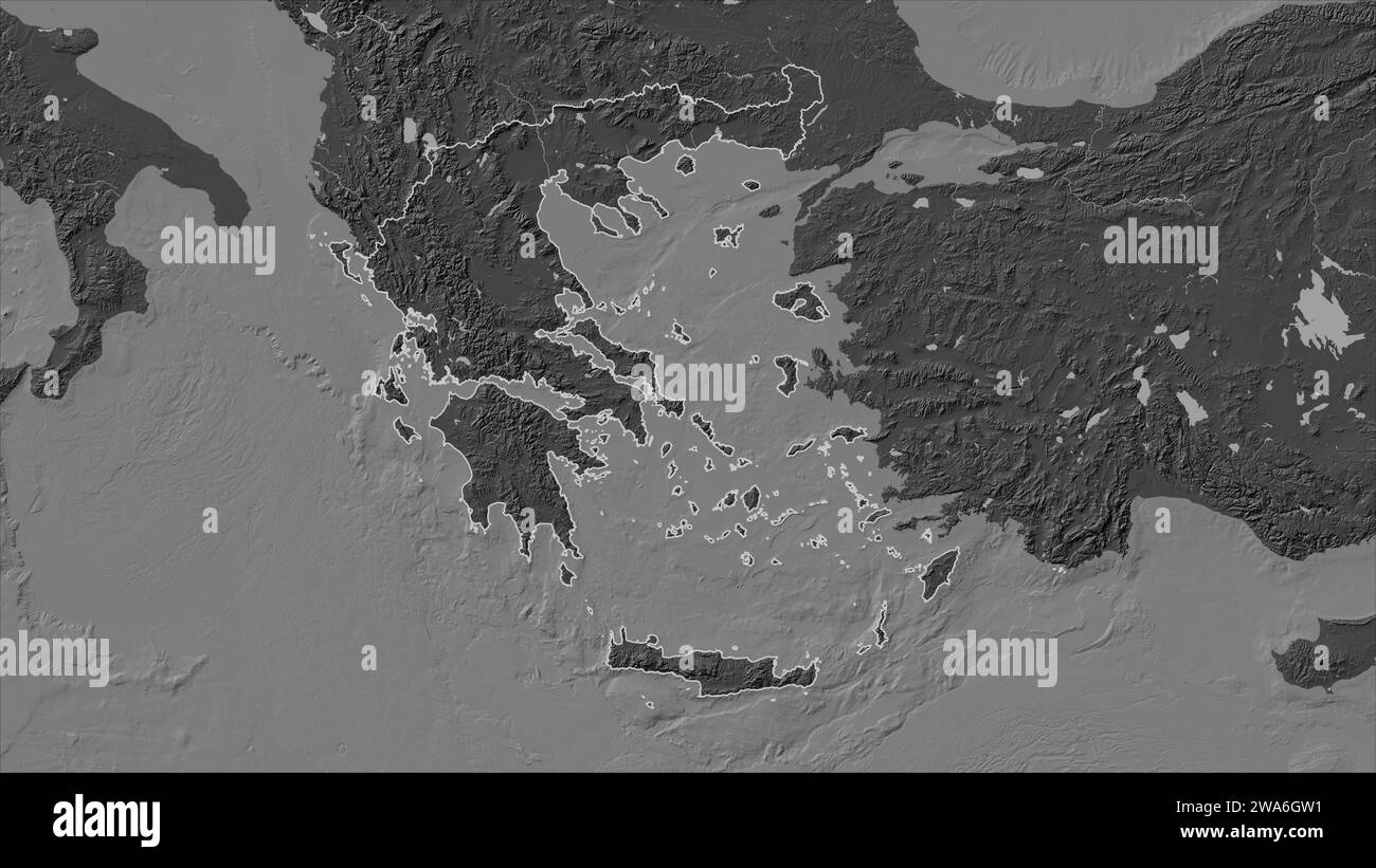 Griechenland wird auf einer Bilevel-Höhenkarte mit Seen und Flüssen dargestellt Stockfoto