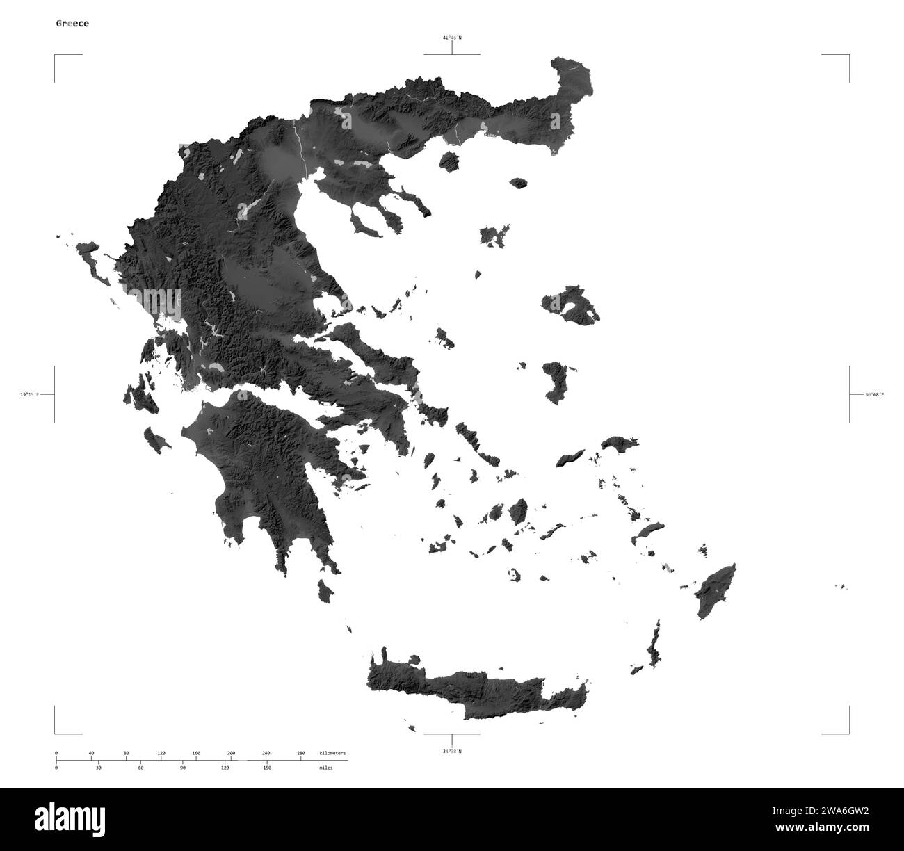 Form einer grauen Höhenkarte mit Seen und Flüssen Griechenlands, mit Entfernungsskala und Kartengrenzkoordinaten, isoliert auf weiß Stockfoto