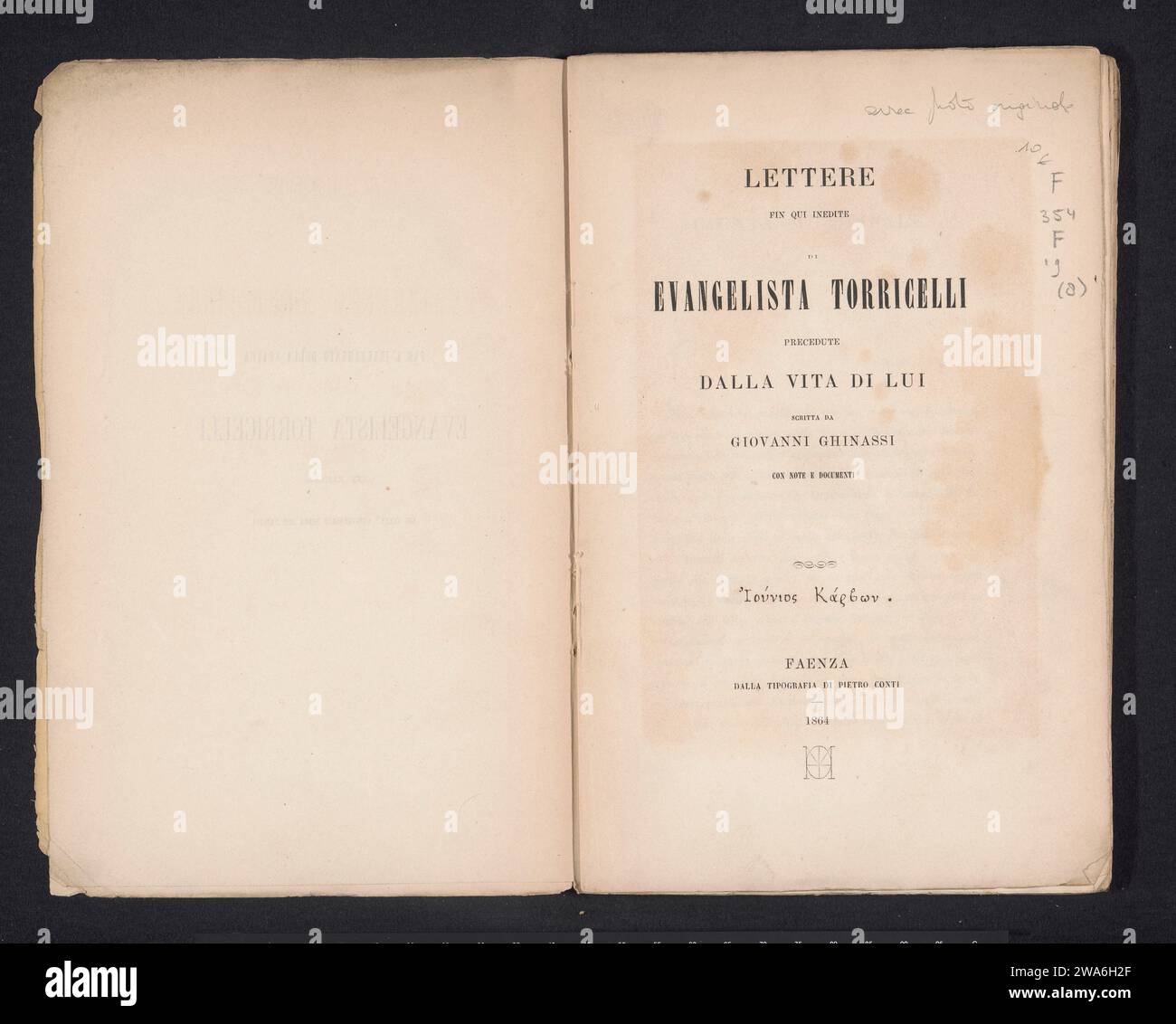 Bisher unveröffentlichte Briefe von Evangelista Torricelli, Giovanni Ghinassi, 1864 Buch Faenza Papier. Albumendruck mit Fotounterstützung Stockfoto