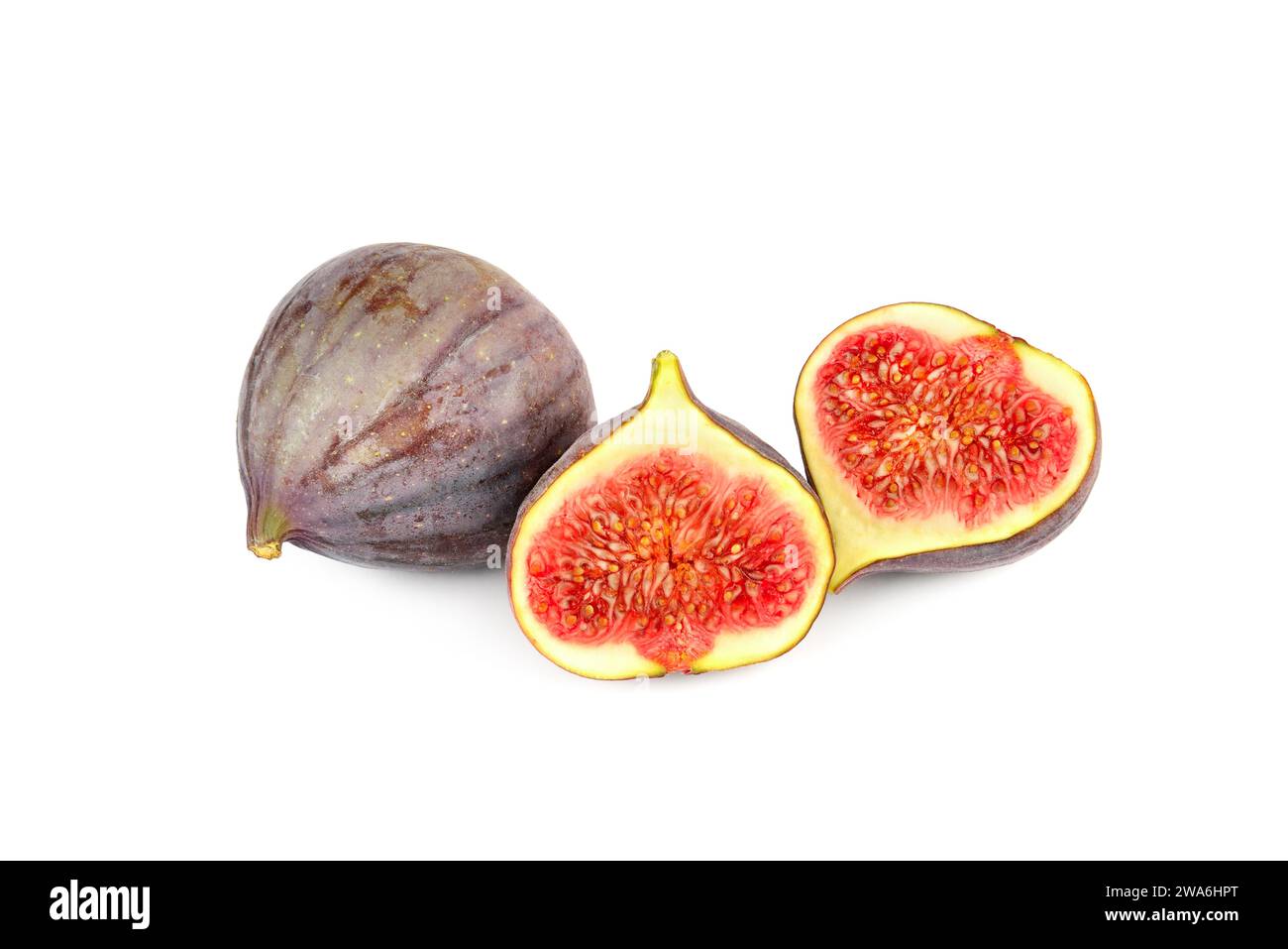 Frische Feigen. Frucht mit Hälfte und Viertel isoliert auf weißem Hintergrund. Gesunde Bio-Lebensmittel. Stockfoto