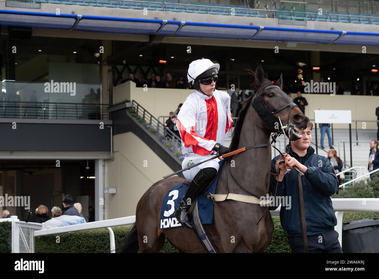 Ascot, Berkshire, Großbritannien. Dezember 2023. Horse Fifty Ball, geritten von Jockey Niall Houlihan, geht auf die Rennstrecke auf der Ascot Racecourse für das Howden Conditional Jockeys' Handicap Hürdenrennen am Howden Christmas Racing Weekend. An Steven Packham. Trianer Gary Moore, Horsham. Sponsor K M Elite Products Ltd Kredit: Maureen McLean/Alamy Stockfoto