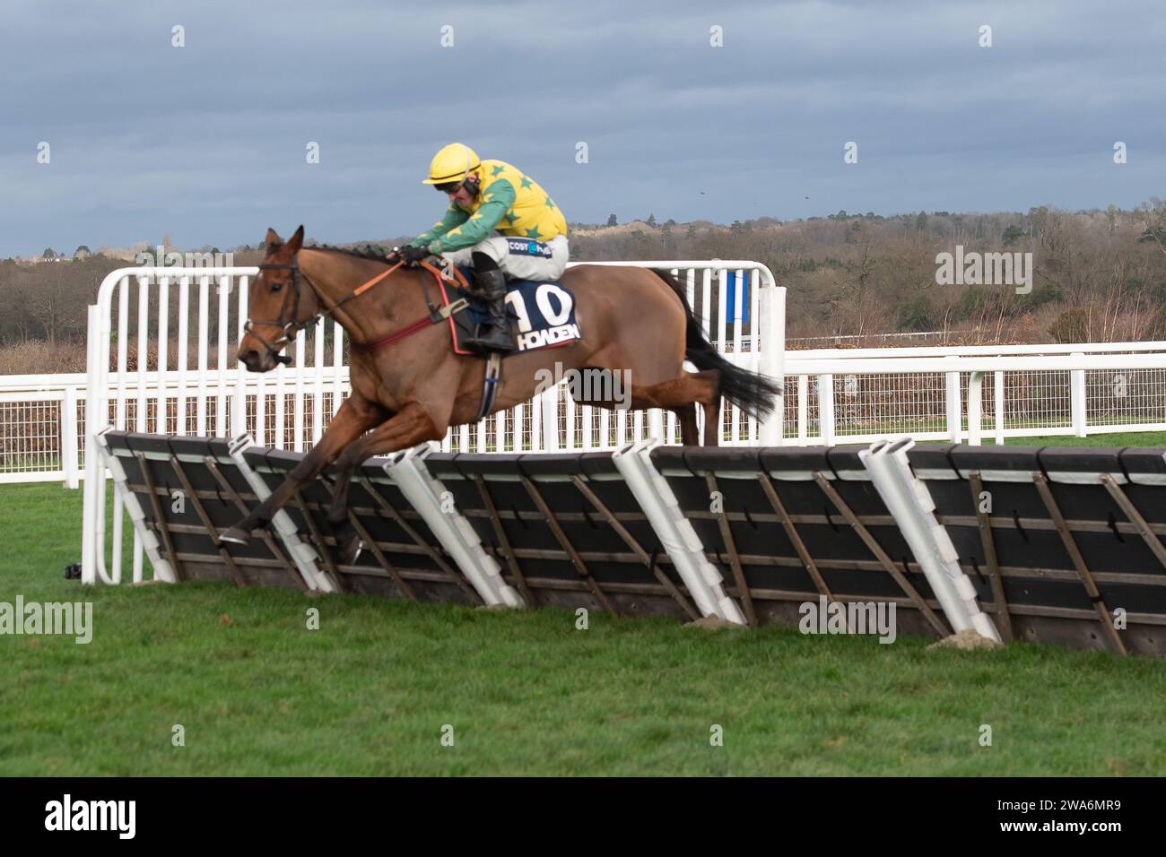 Ascot, Berkshire, Großbritannien. Dezember 2023. Die von Jockey Joe Anderson gerittene Horse Rebel Intentions ist beim Howden Conditional Jockeys' Handicap Hürdenrennen auf der Ascot Racecourse am Howden Christmas Racing Weekend der letzten. Besitzer Hoe Racing. Trainerin Emma Lavelle, Marlborough. Sponsor Von Hatherden Horse Transport. Kredit: Maureen McLean/Alamy Stockfoto