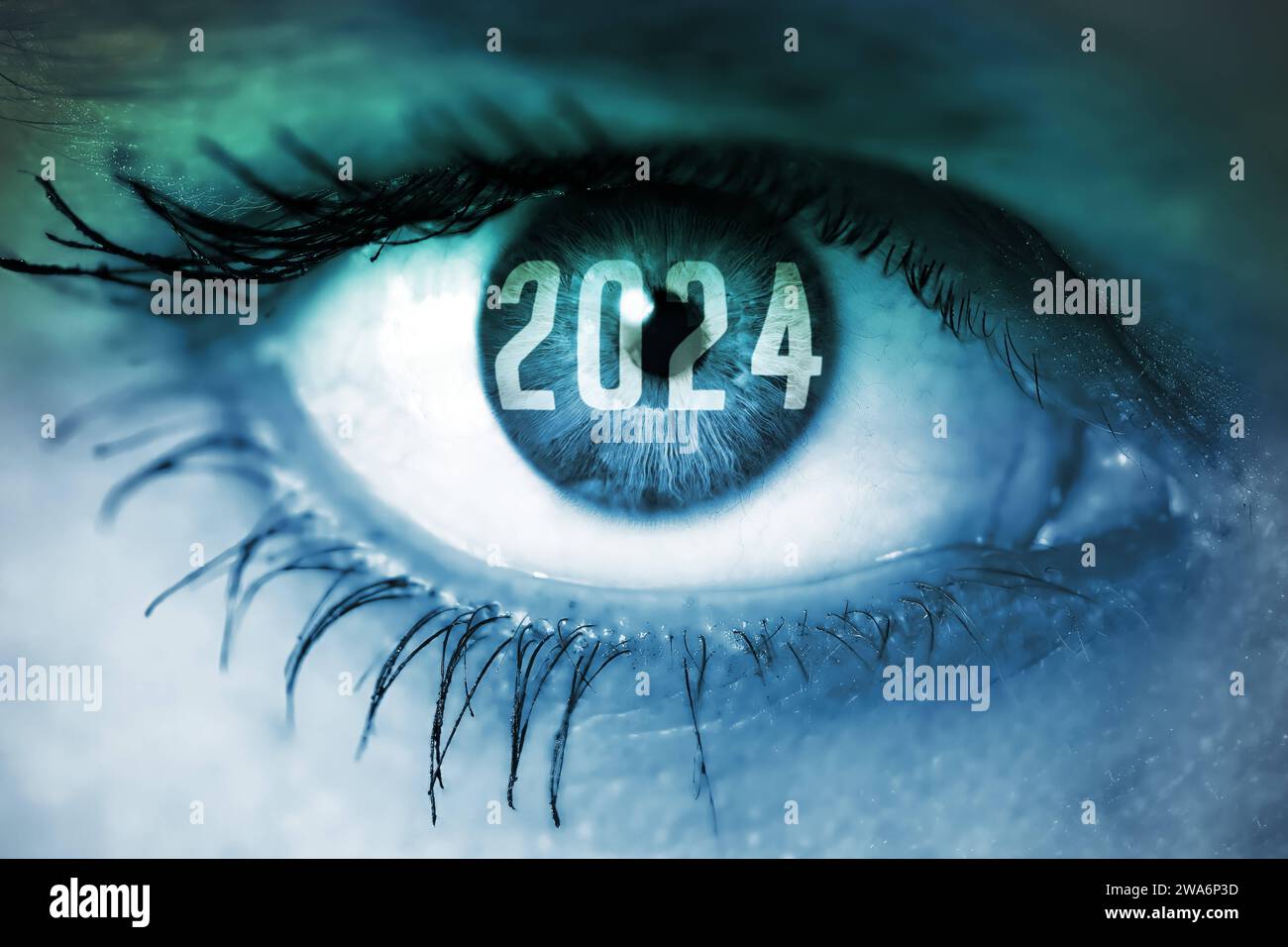 FOTOMONTAGE, die Jahreszahl 2024 in einem weiblichen Auge, Symbolfoto ...