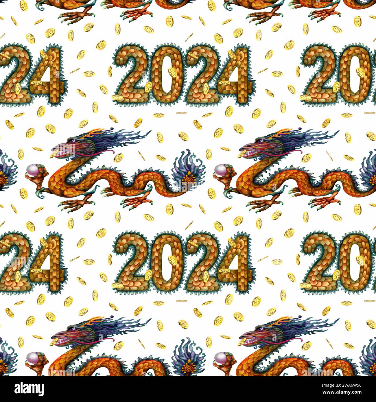 Nahtloses Aquarellmuster mit Mondneujahrssymbol - grüner Holzdrache mit magischer Perle und Zahlen 2024 mit Drachenschuppenstruktur. Abbildung Stockfoto