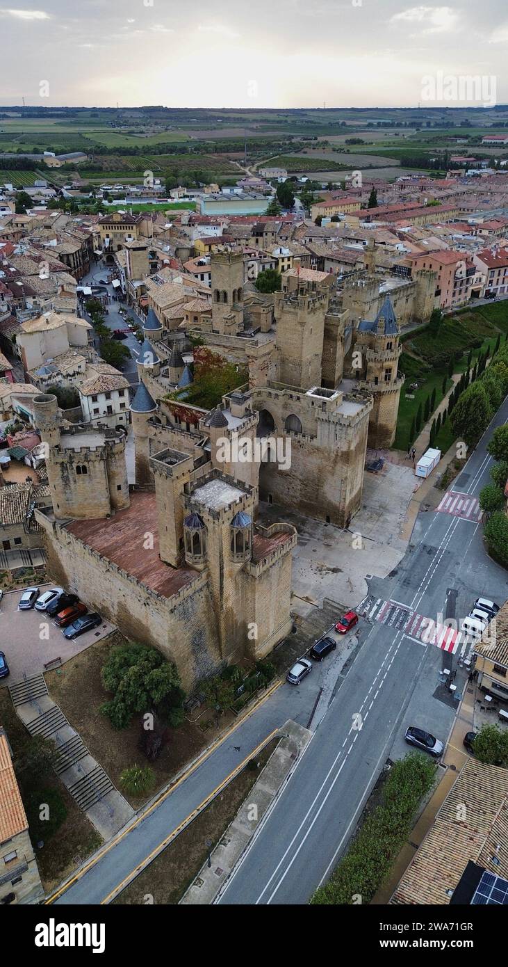 Drohnenfoto Olite Königspalast, Palacio Real de Olite Spanien Europa Stockfoto