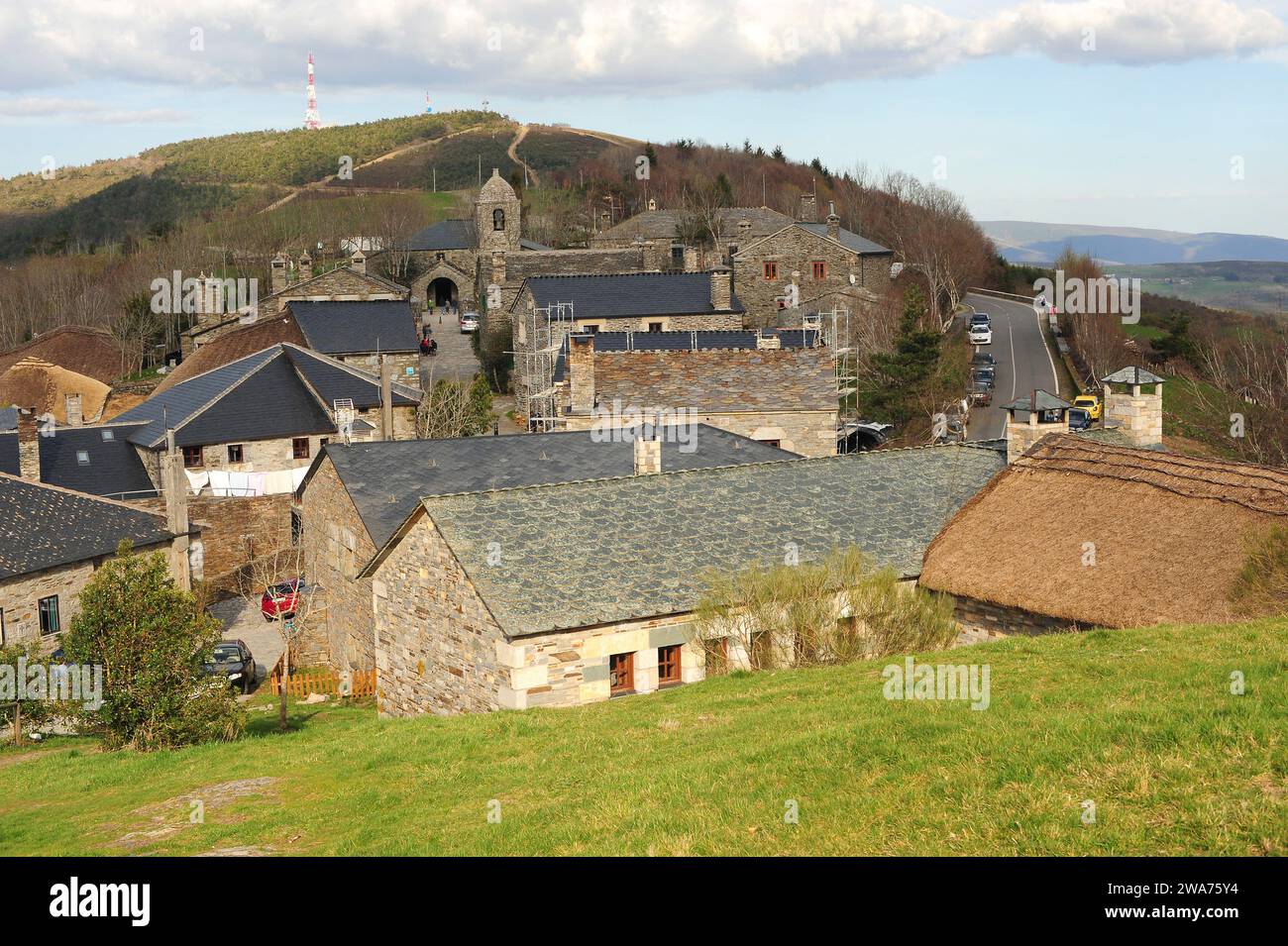 O Cebreiro. Piedravita do Cebreiro Gemeinde, Ancares Lucenses, Provinz Lugo, Galicien, Spanien. Stockfoto