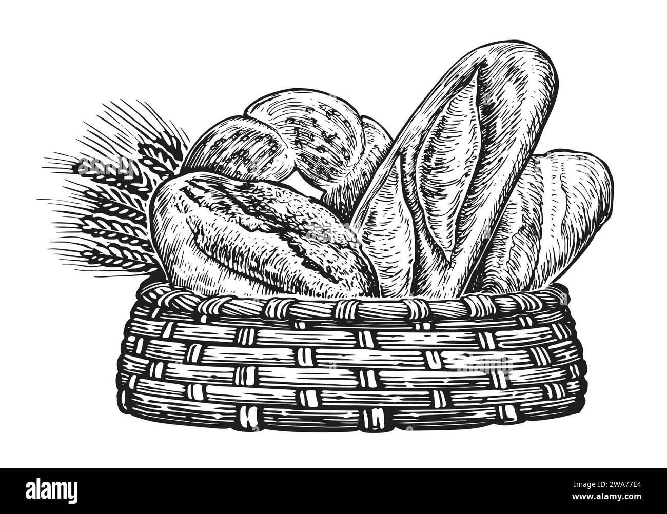 Korb mit frisch gebackenem Brot und Weizen. Abbildung für Bäckerei Stock Vektor