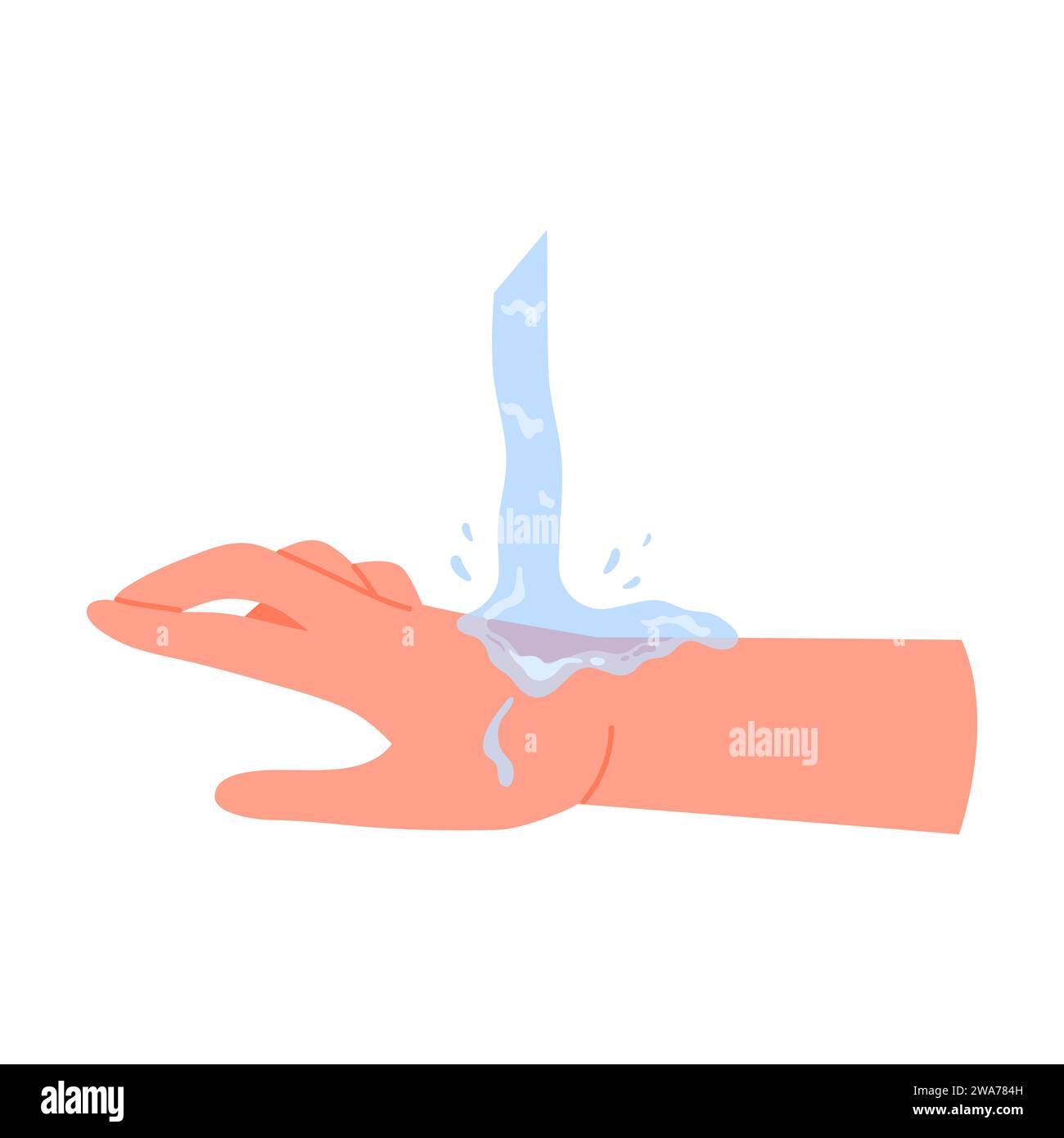 Verletzte Hand unter fließendem Wasser. Erste Hilfe für Leibeswundkarikatur-Vektor-Illustration Stock Vektor