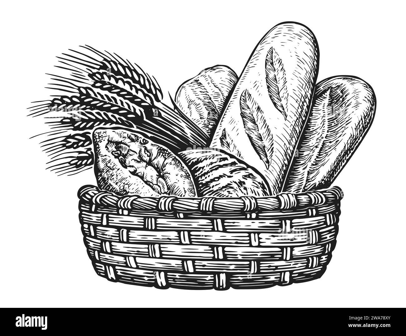 Korb voller Backwaren. Brot und Gebäck, Vintage-Skizze Illustration Stock Vektor