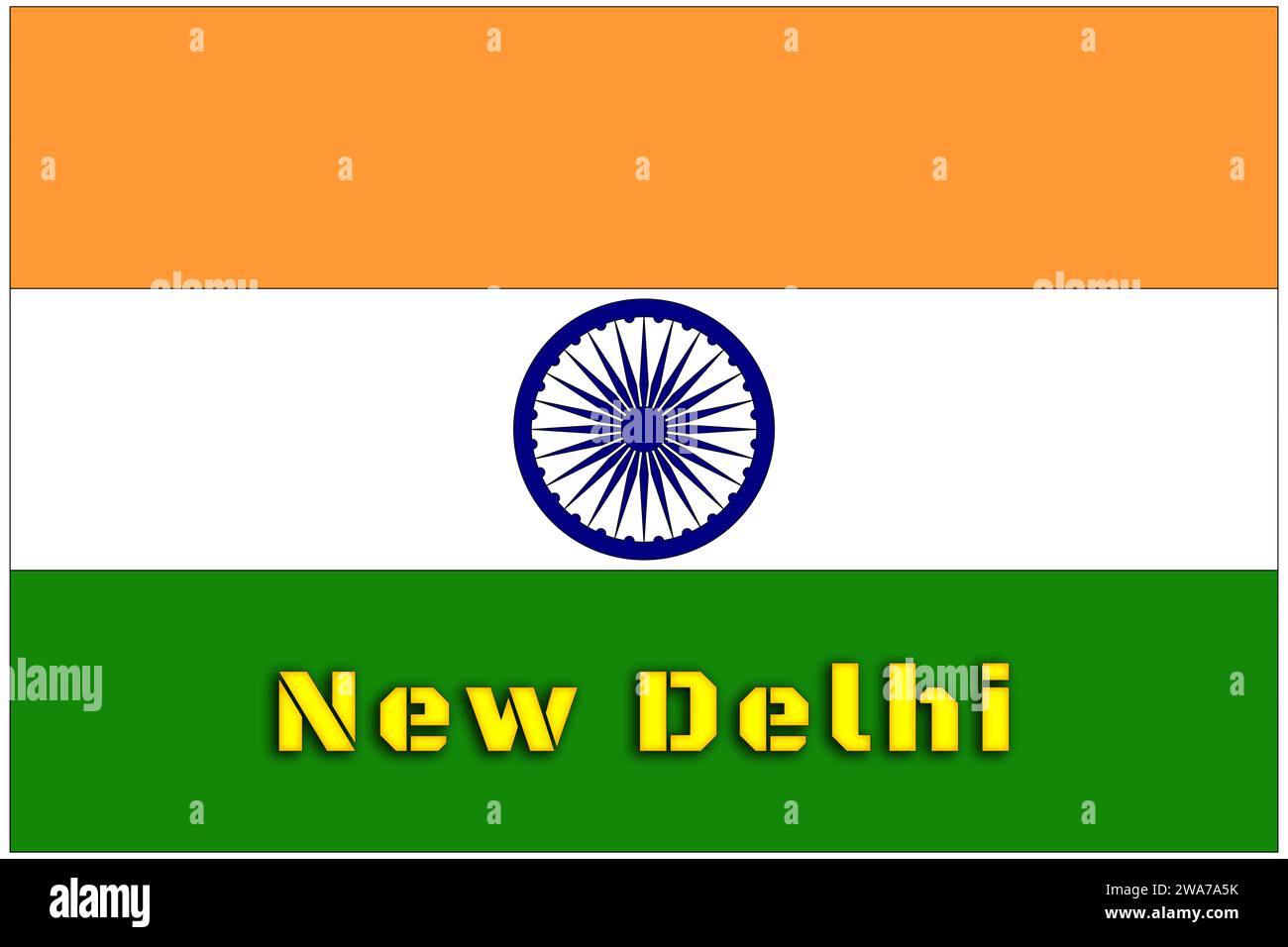Indien, indische Flagge mit dem Namen der Hauptstadt Neu-Delhi, die Flagge mit den richtigen offiziellen Proportionen und Farben. Stockfoto