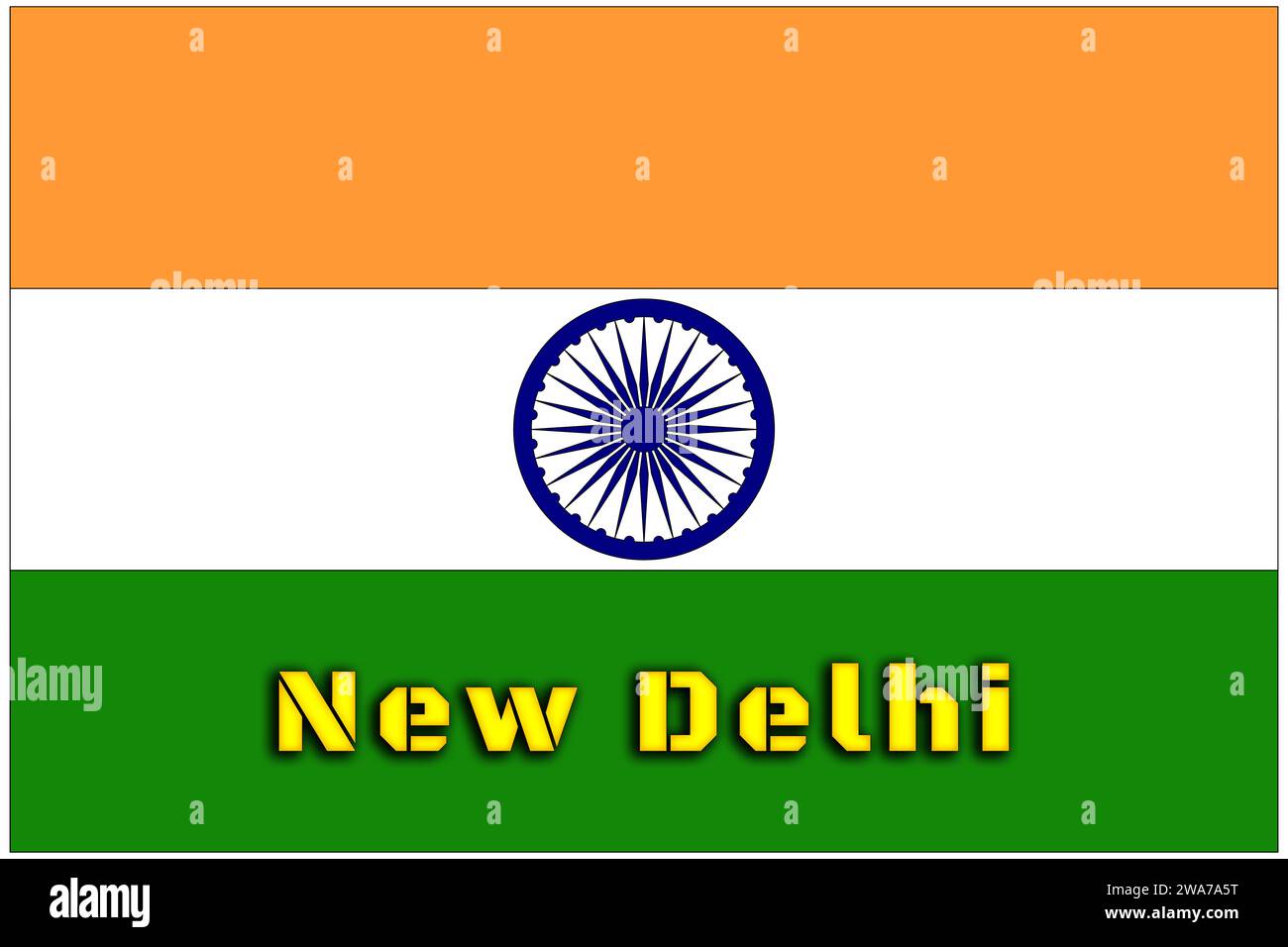 Indien, indische Flagge mit dem Namen der Hauptstadt Neu-Delhi, die Flagge mit den richtigen offiziellen Proportionen und Farben. Stockfoto