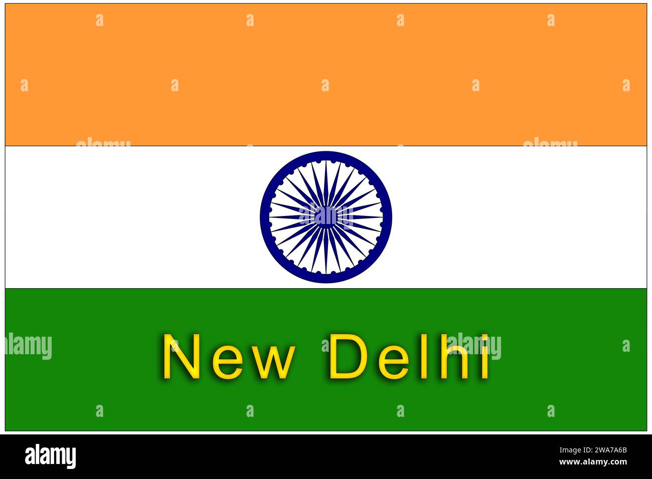 Indien, indische Flagge mit dem Namen der Hauptstadt Neu-Delhi, die Flagge mit den richtigen offiziellen Proportionen und Farben. Stockfoto