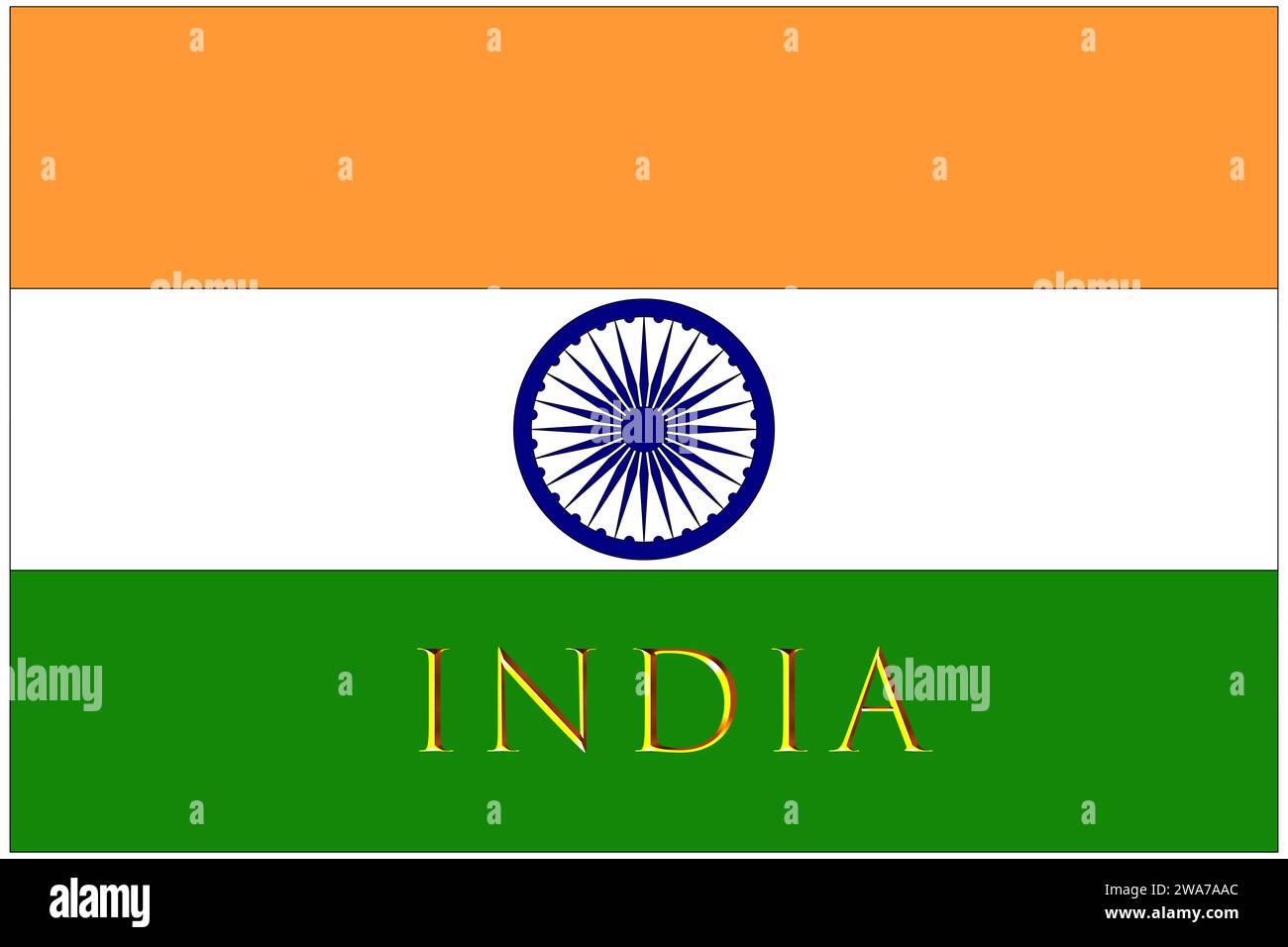 indien, indische Flagge mit dem Namen der Nation goldenes indien, die Flagge mit den offiziellen korrekten Proportionen und Farben. Stockfoto