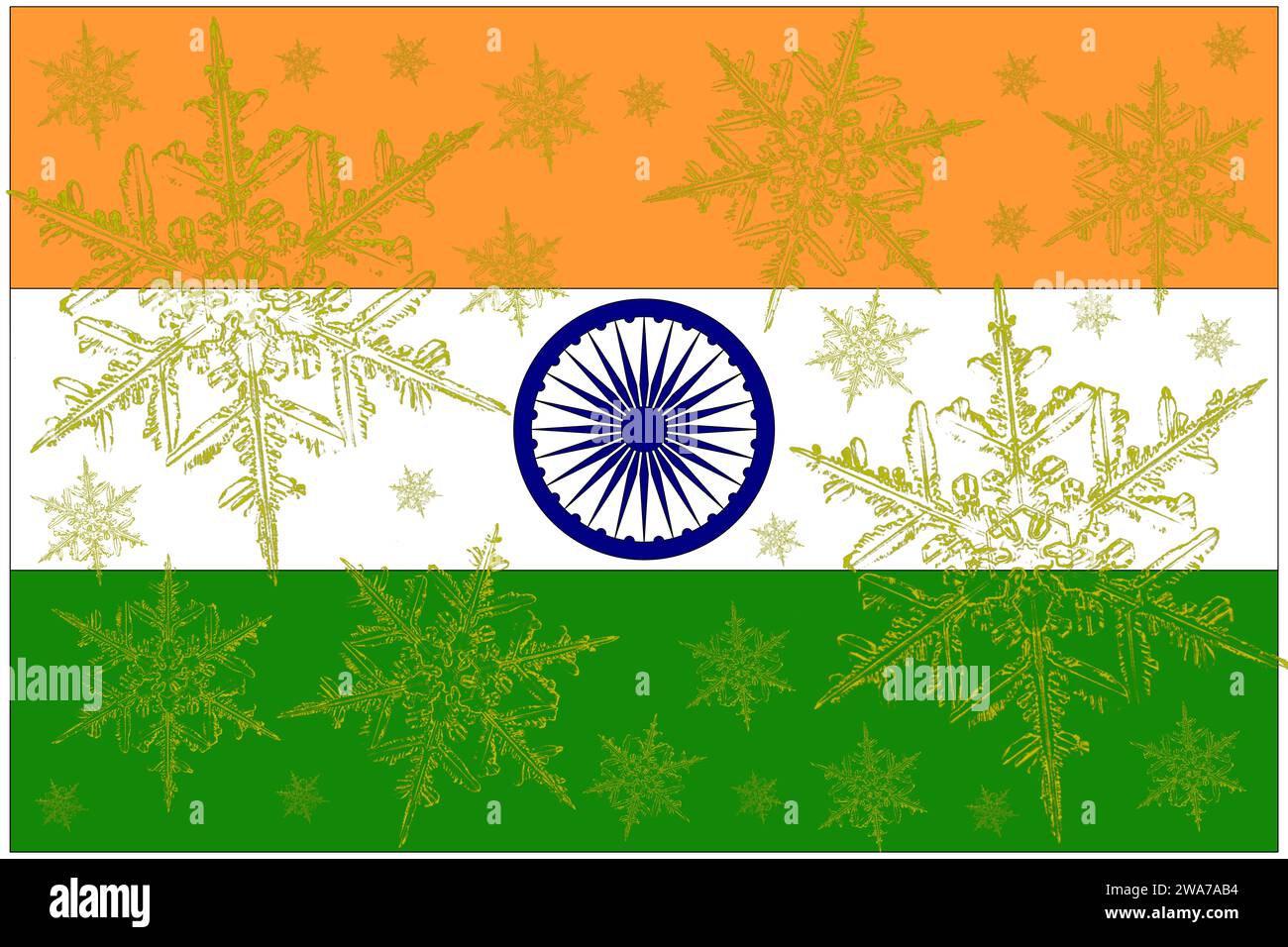 Flagge von indien mit Schneekristallen, farbenfroher Hintergrund mit der Nationalflagge und warmen Farben. Schneeflocken. Stockfoto