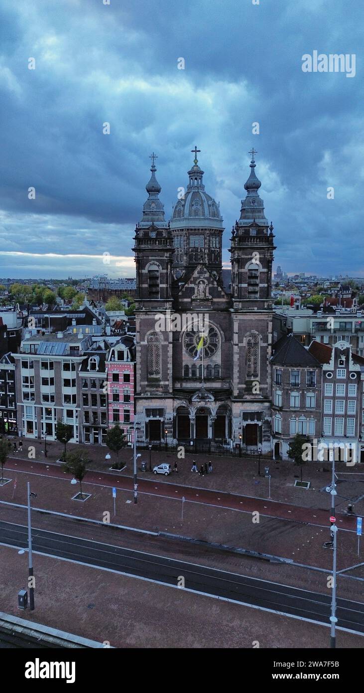 Drohnenfoto Kirche Saint-Nicolas Amsterdam Niederlande Europa Stockfoto