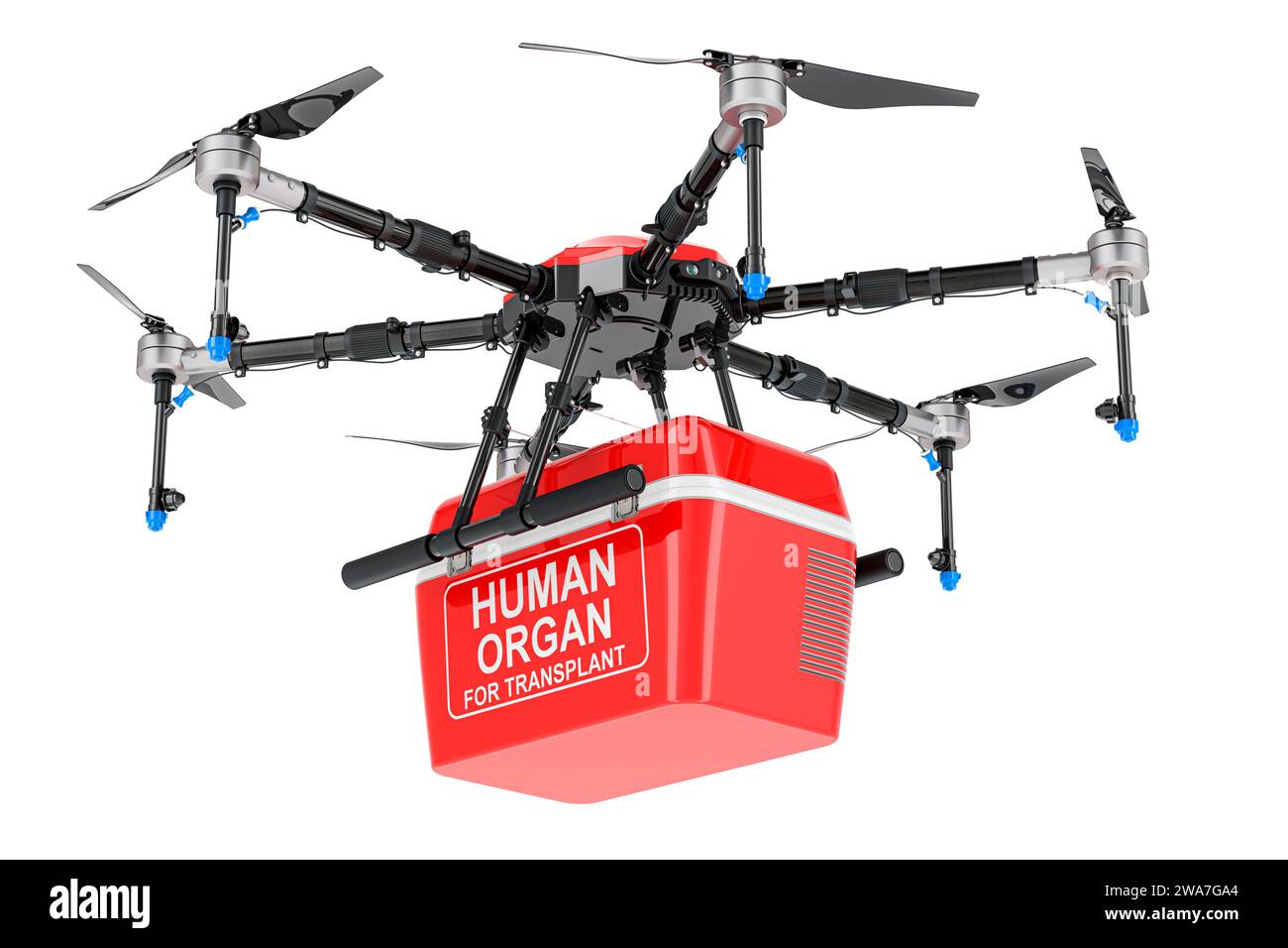 Drohne mit tragbarem Kühlschrank für den Transport von Spenderorganen, Express-Lieferung für Krankenhäuser. 3D-Rendering isoliert auf weißem Hintergrund Stockfoto