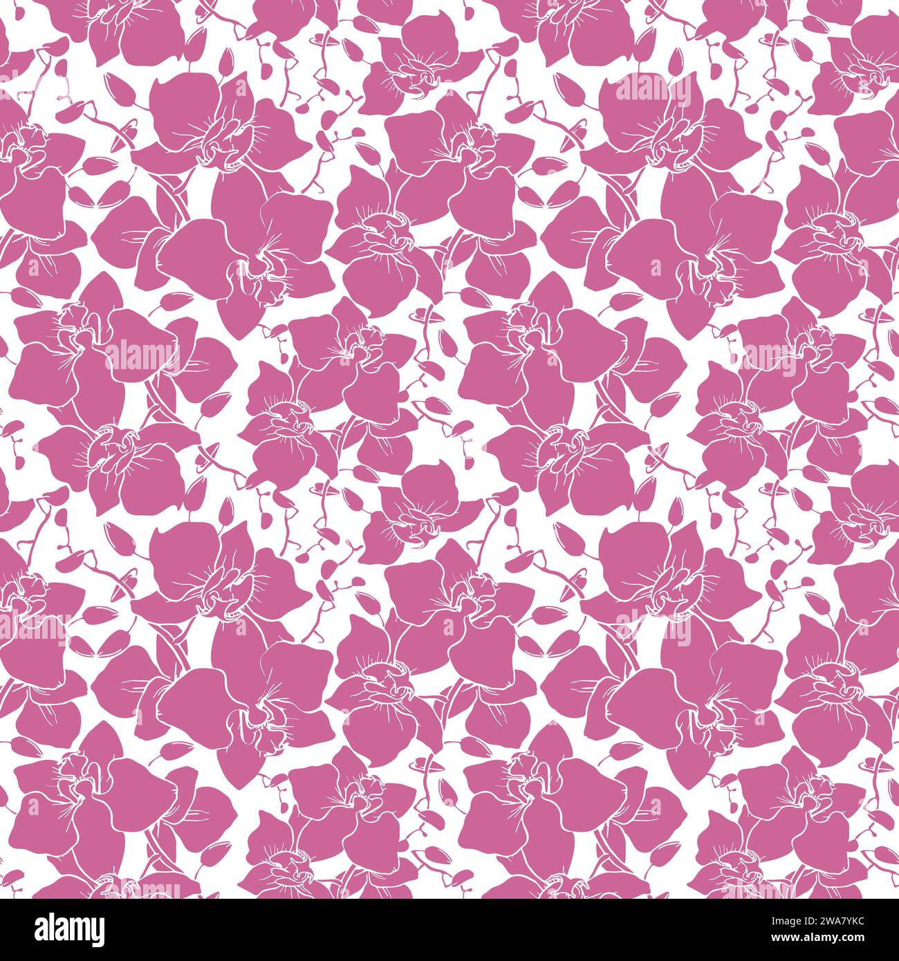 Nahtloses Muster großer lila Silhouetten von Orchideen auf weißem Hintergrund, Textur, Design Stockfoto