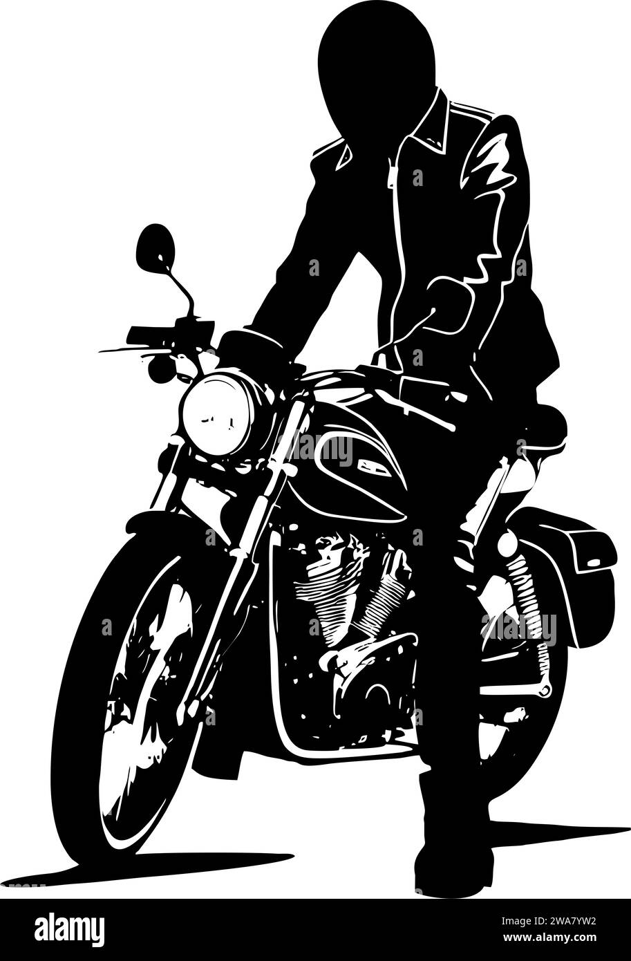 Einfache schwarze Silhouette eines Bikers auf einem Motorrad auf weißem Hintergrund, Logo, Design Stockfoto