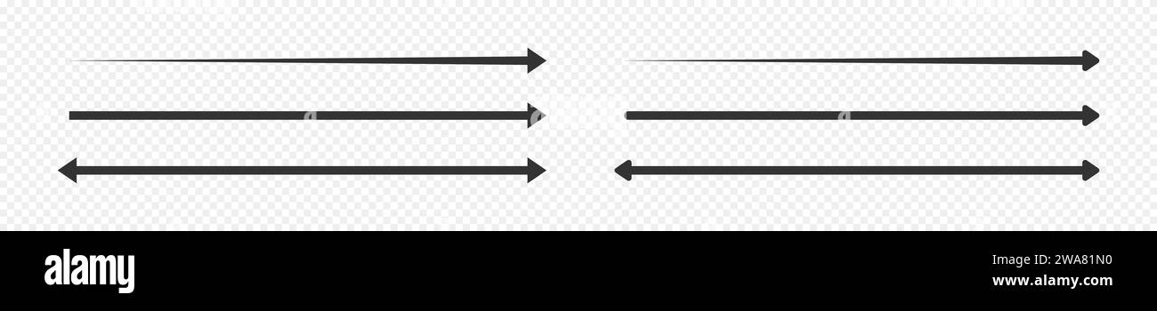 Lange, gerade Pfeilsymbole. Schwarze horizontale Zeiger-, Richtungs-, Übertragungs-, Positions- oder Positions- und Breitenzeichen auf transparentem Hintergrund. Vektorgrafik. Stock Vektor
