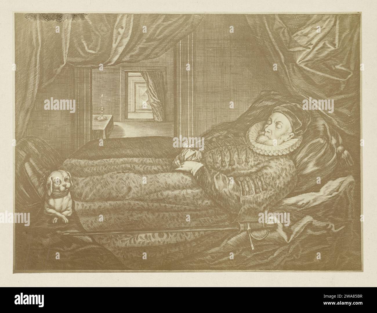Abdruck von Willem van Oranje auf seinem Funkeln, 1584, 1850 – 1899 Fotografie Abdruck von Willem van Oranje auf seinem Funkeln liegend, 10. Juli 1584. Ein Schwert auf seiner Seite, der Hund zu seinen Füßen. Niederlande fotografischer Trägeralbumendruck im Bundesstaat Prinsenhof Stockfoto