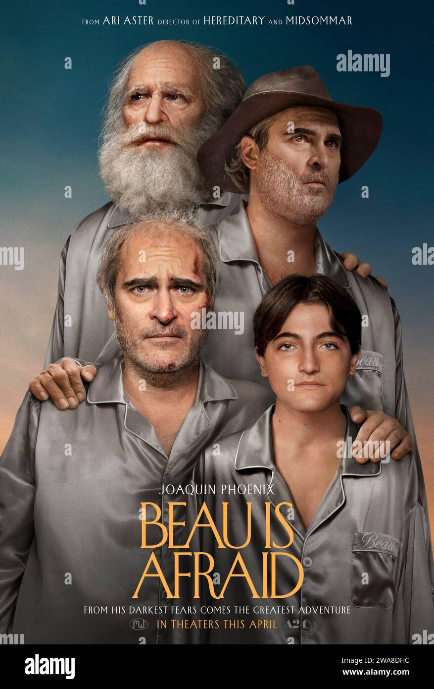 Beau is Fear (2023) von Ari Aster mit Joaquin Phoenix, Patti LuPone und Amy Ryan. Nach dem plötzlichen Tod seiner Mutter stellt sich ein milder, aber ängstlicher Mann seinen dunkelsten Ängsten, während er sich auf eine epische, kafkaeske Odyssee zu Hause begibt. US-Poster mit einem Blatt ***NUR FÜR REDAKTIONELLE ZWECKE***. Quelle: BFA / A24 Stockfoto