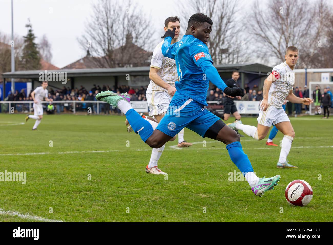 Warrington Rylands FC war Gastgeber des Macclesfield FC in der Hive Arena, Gorsey Lane, in der NPL Premier Division Stockfoto