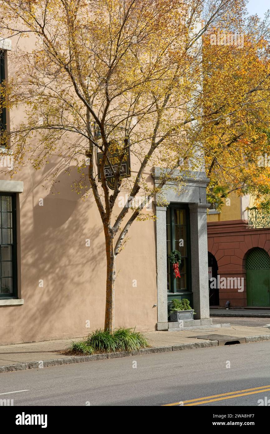 Historisches 1844 Planters Inn hinter Herbstblattfarben, Weihnachtskranz Fensterdekoration auf Meeting Street, Charleston South Carolina – November 2023 Stockfoto