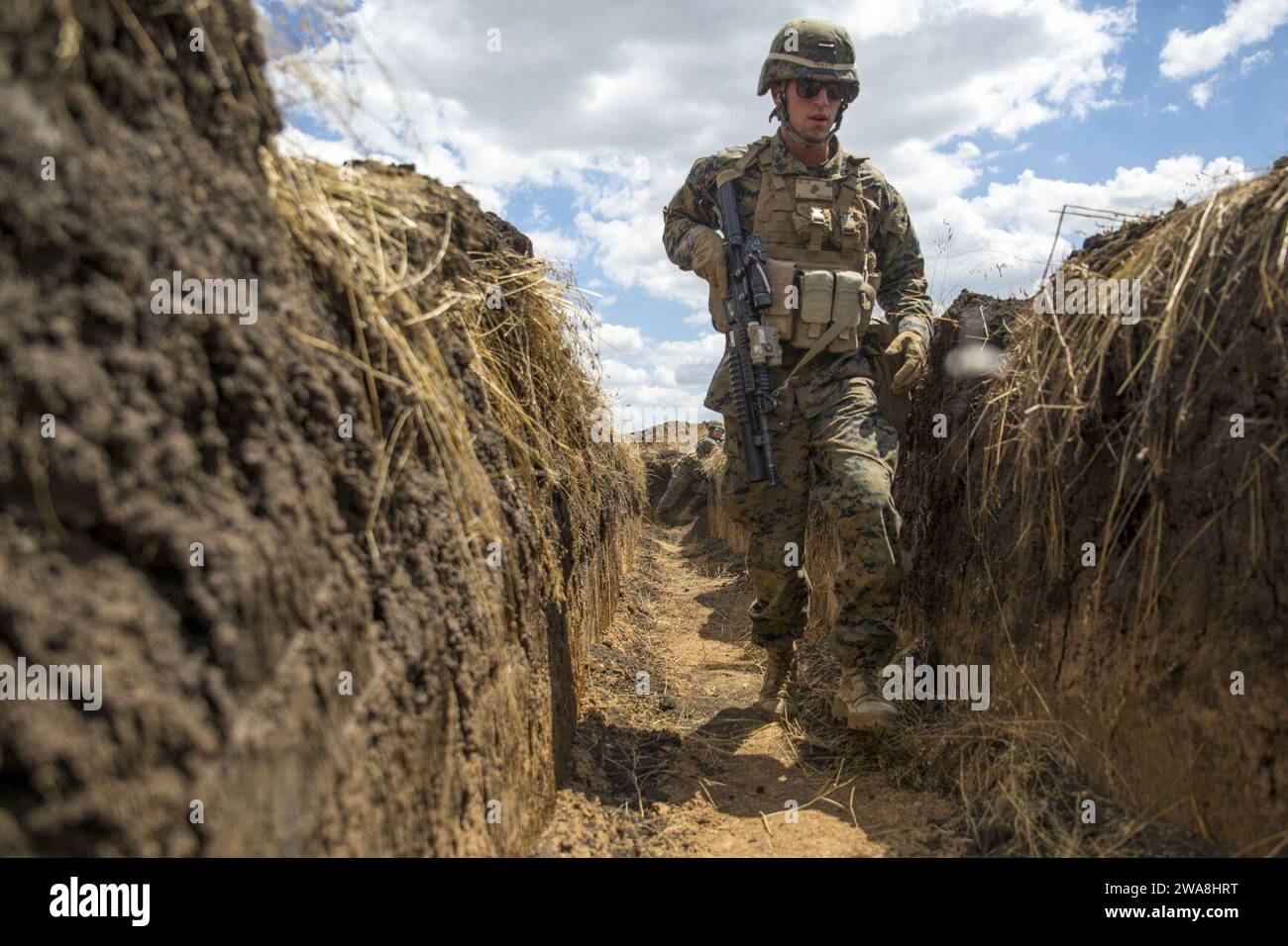 US-Streitkräfte. 170715QX735-0024 SHIROKYI Lan, Ukraine (15. Juli 2017) - Ein US-Marine mit 3. Bataillon, 23. Marine-Regiment, wechselt während des Trainings am 15. Juli in Shirokyi Lan, Ukraine, als Teil der Übung Sea Breeze 2017. Sea Breeze ist eine von den USA und der Ukraine gemeinsam veranstaltete multinationale Luft-, Land- und Seeverkehrsübung, die zur Stärkung der kollektiven Sicherheit, Stabilität und Sicherheit im Schwarzen Meer bestimmt ist. (Foto des U.S. Marine Corps von Staff Sgt. Marcin Platek/veröffentlicht) Stockfoto