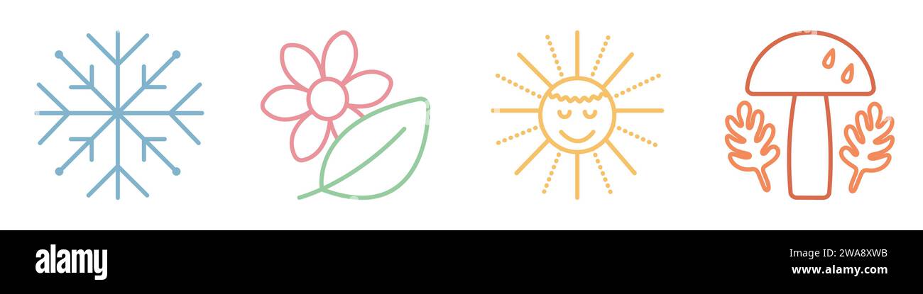 Four Seasons Icon Set, Farbvektorzeichen für Winter, Frühling, Sommer und Herbst Stock Vektor