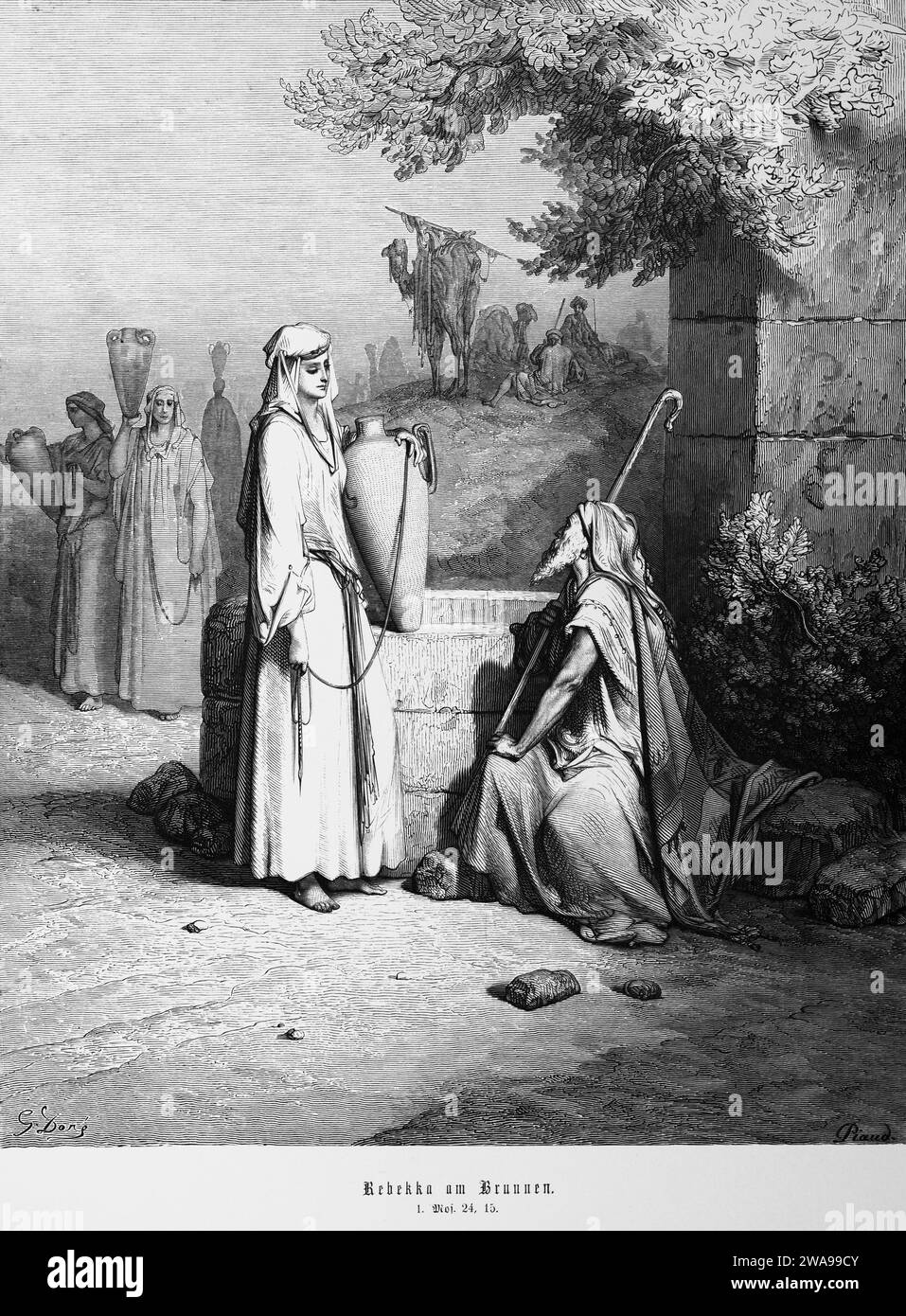 Bibel, Rebekah am Brunnen, Genesis 1, 24, 15, Leute, Frau, zeichnendes Wasser, Krug, Bademantel, alter Mann, Personal, Kamel, Hügel, Landschaft, Moses, Altes Testament, Stockfoto