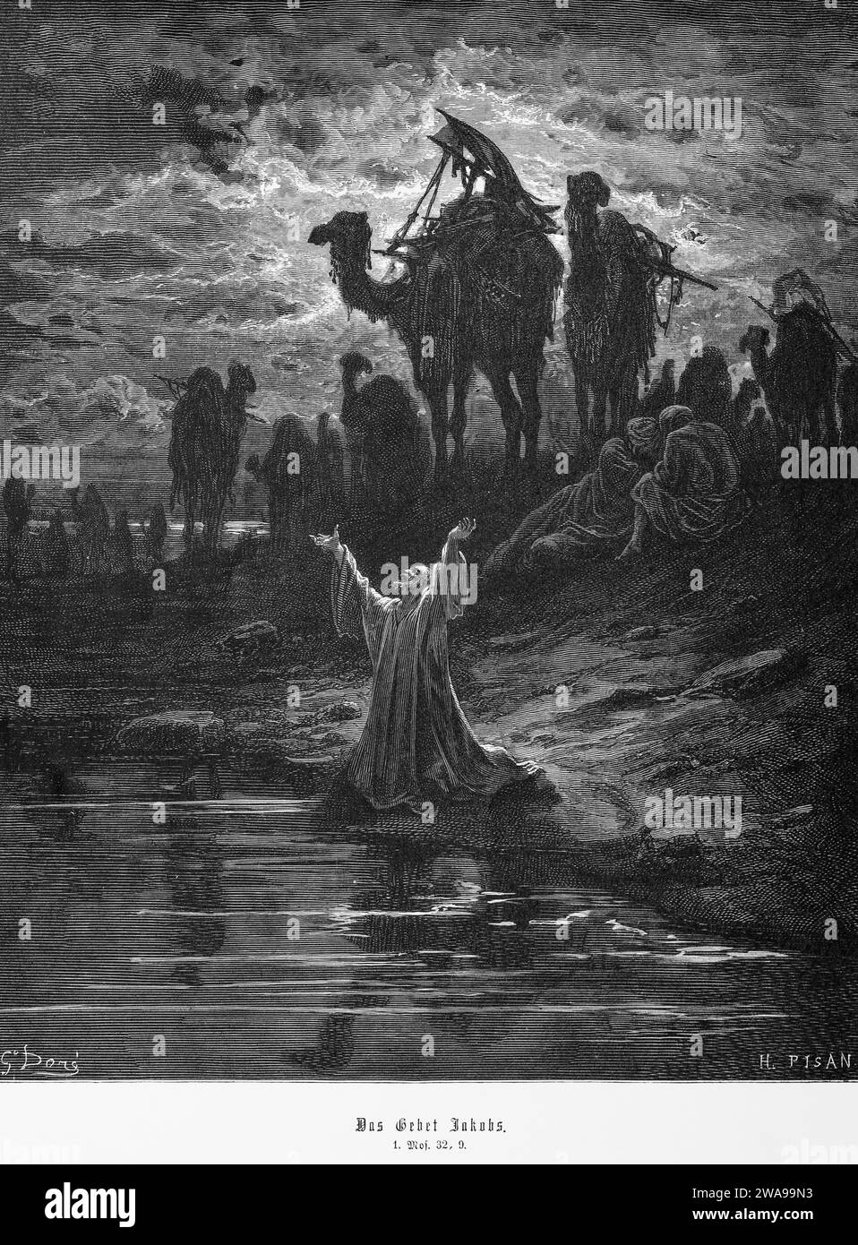 Bibel, Jakobs Gebet, Genesis, 32, 9, Moses, Altes Testament, Genesis, Wasserloch, Bank, zum Himmel, Kamele, Menschen, historische Illustration 1885 Stockfoto