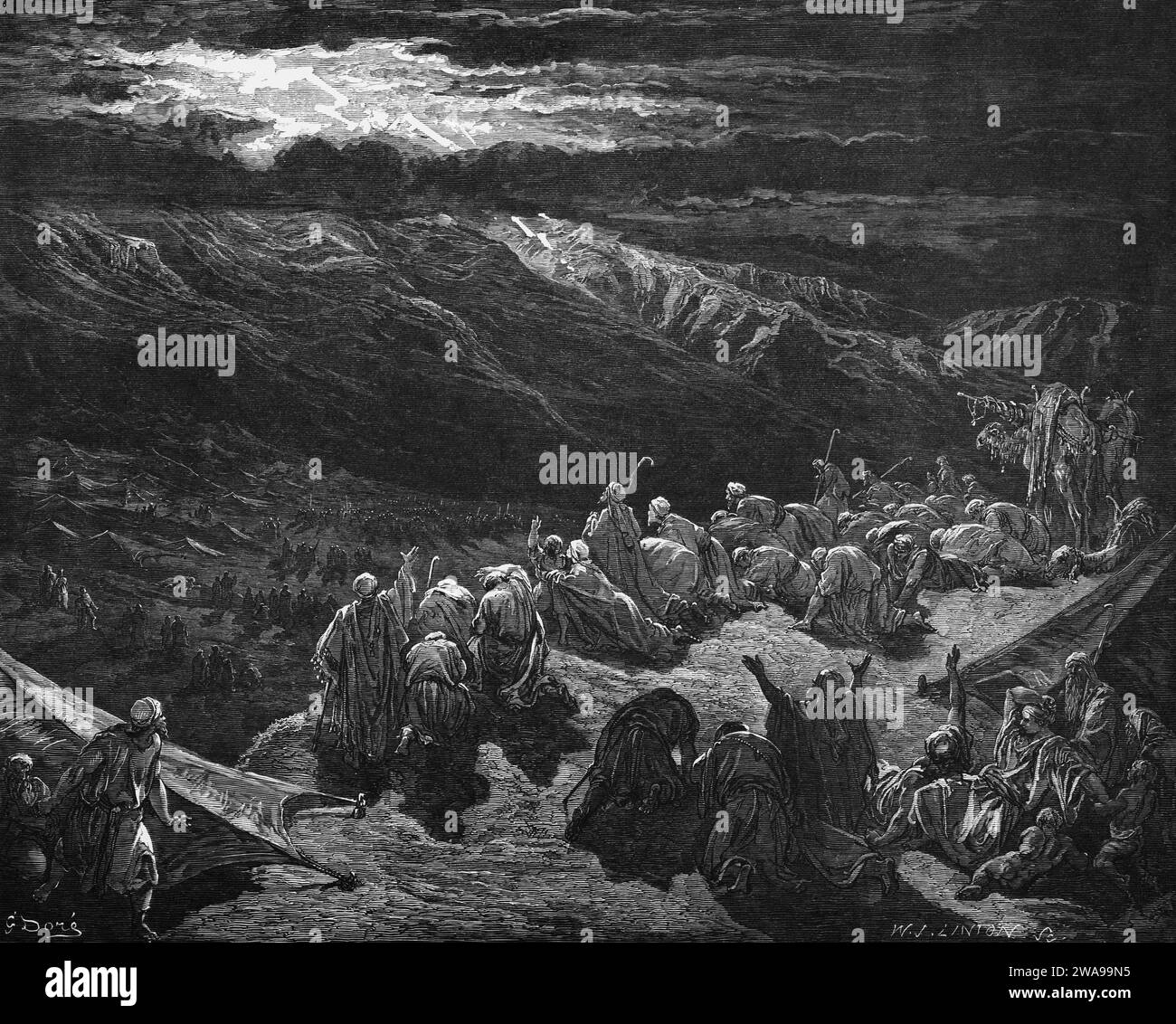 Bibel, der dritte Tag im Sinai, das erste Buch Moses, Moses, Altes Testament, Genesis, Menschen, Berge, Migration, Licht, historische Illustration 1885 Stockfoto