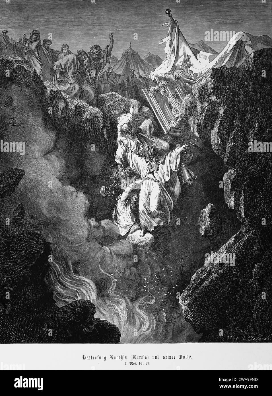 Bibel, Bestrafung von Korah oder Cyrus und seinem Mob, Genesis 16, 33, Moses, Altes Testament, Strafe, Erde, Tränen, verschlingen, Menschenmenge, Fall, Feuer, Tod, Lager Stockfoto