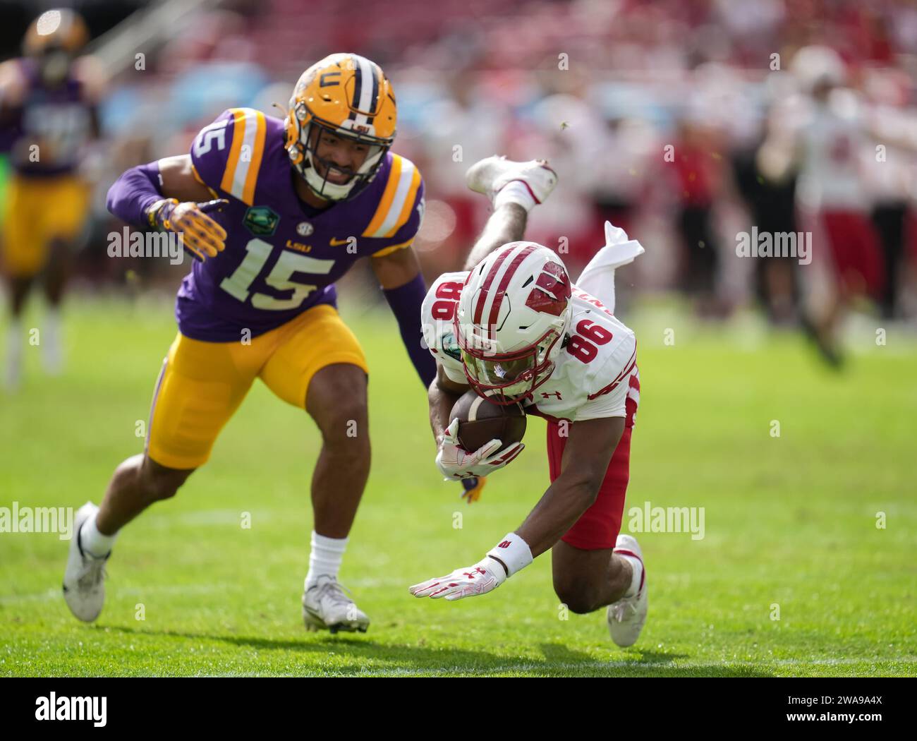 Wisconsin Badgers Wide Receiver Vinny Anthony II (86) fällt während des ReliaQuest Bowl zwischen Wisconsin und LSU am Montag, den 1. Januar 2024 im Raymond James Stadium, Tampa, Florida. LSU schlägt Wisconsin 35-31 (David Venezia / Bild des Sports) Stockfoto