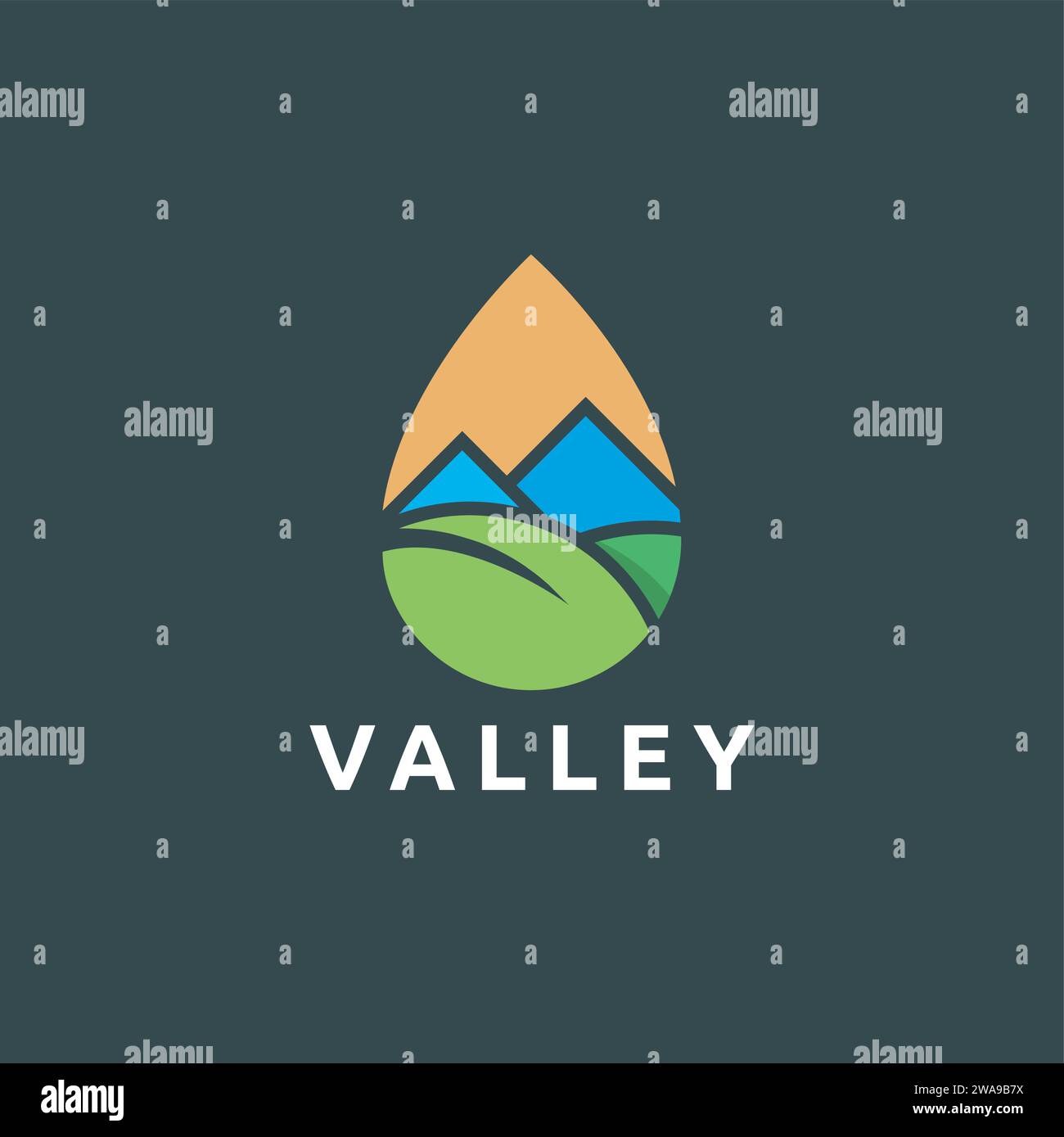 Moderne abstrakte Tal- und Blattlandschaft Logo-Vektor in Wassertropfen mit flachem Logo-Design Stock Vektor