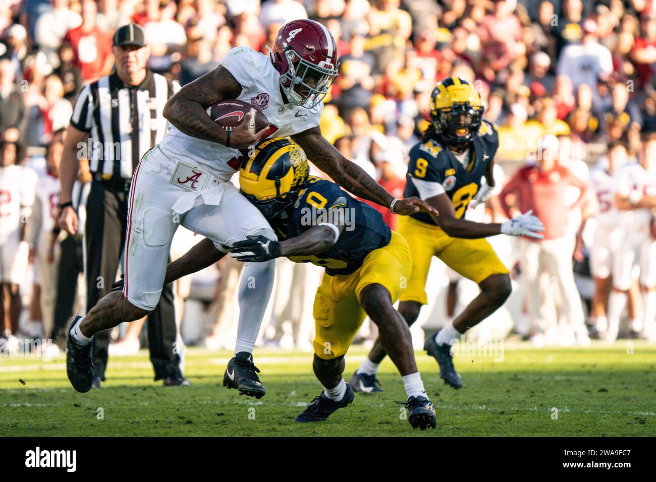 Während des CFP Semifinales beim Rose Bowl Game zwischen den Alabama Crimson Tide und Michigan Wolverines am Montag, 1. Januar 2023, im Rose Bowl, in Stockfoto