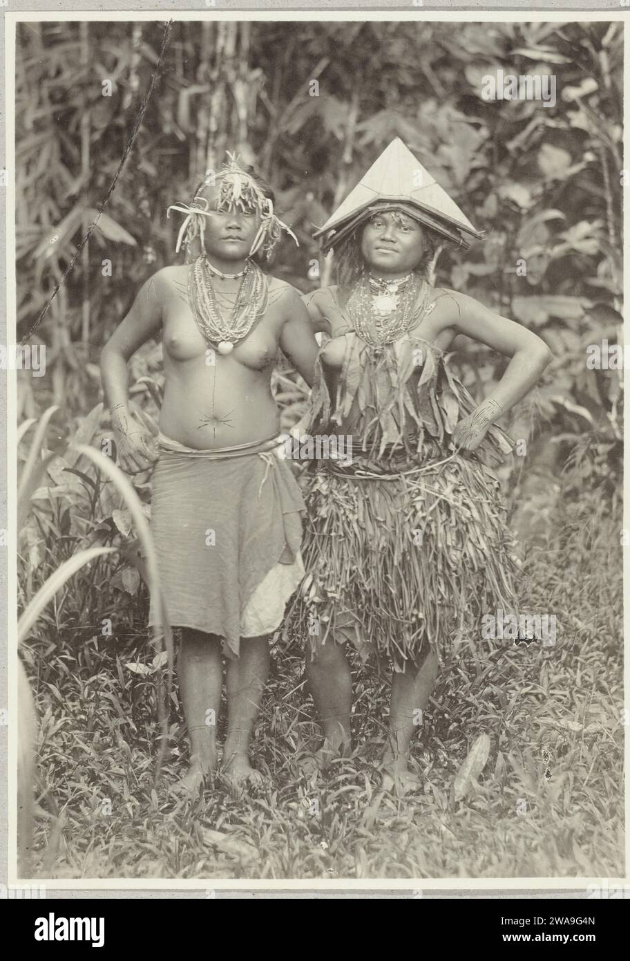 Porträt von zwei unbekannten jungen Frauen auf Pagai in der Gestation der Insel, 1891 - 1912 Foto zwei junge Frauen auf Pagai in der Gestation der Insel. Das rechte Mädchen trägt einen Korbrock und das linke trägt ein Tuch um die Taille. Auf dem Kopf tragen sie Verzierungen mit einem dreieckigen Hut und einem Stirnband mit einem Schilf darunter. Beide Frauen tragen Halsketten. Mentawai-Eilanden Papieralbumendruck anonyme historische Personen, dargestellt in einem Doppelporträt - BB - Frau. Volkstracht, regionale Tracht Mentawai-Eilanden Stockfoto