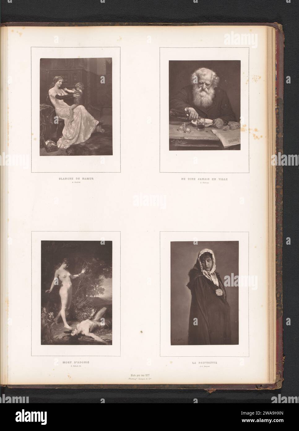 Vier kunstreproducties, Goupil & Cie., nach Albert Edelfelt, nach Louise Dubreau, nach Guillaume Dubufe, nach Gustave Jean Jacquet, ca. 1872 - in oder vor 1879 photomechanischen Druckpapier Venus Trauer Adonis. Die Armen. Abendessen, Abendessen, Abendessen Stockfoto