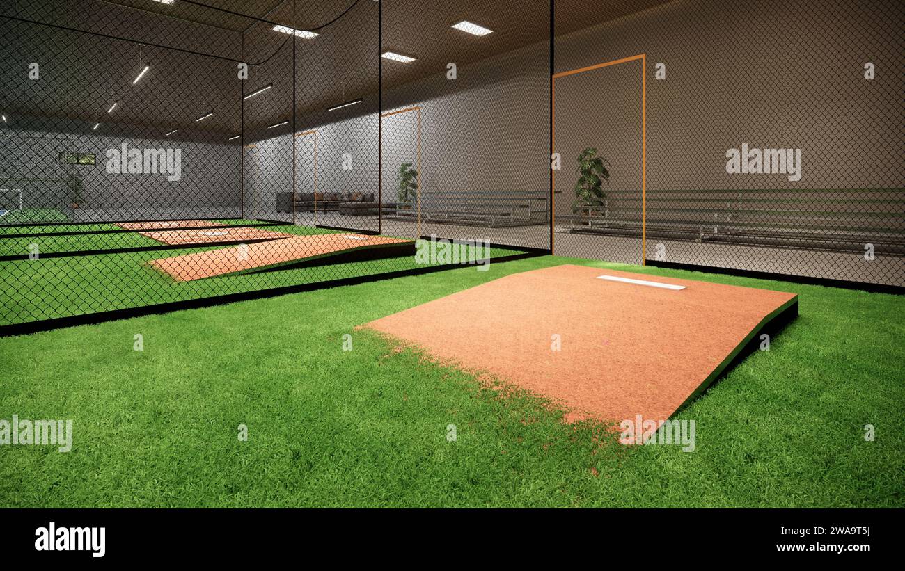 Indoor-Schlagkäfige für Baseball- und Softball-3D-Rendering-Illustration Stockfoto