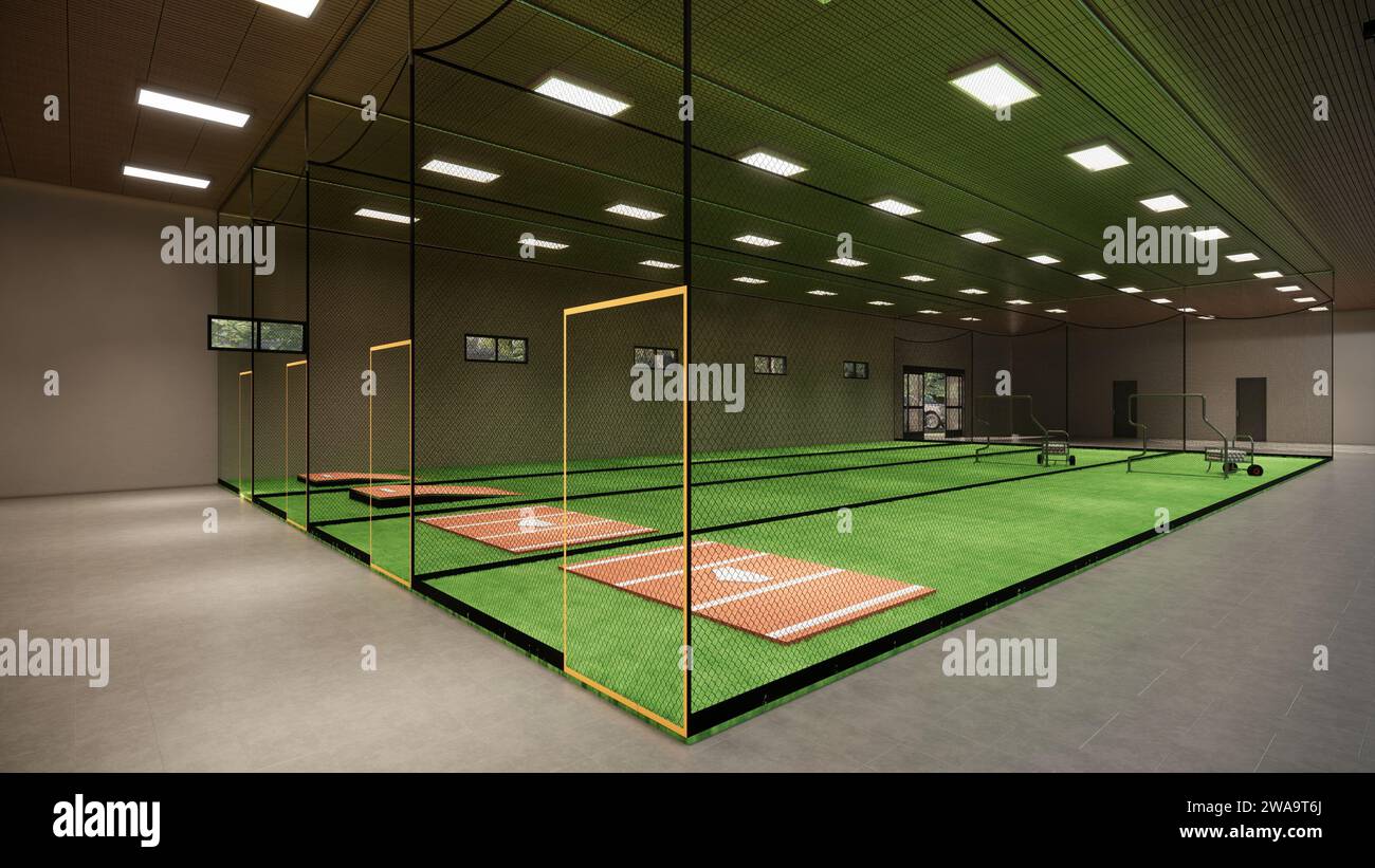 Indoor-Schlagkäfige für Baseball- und Softball-3D-Rendering-Illustration Stockfoto