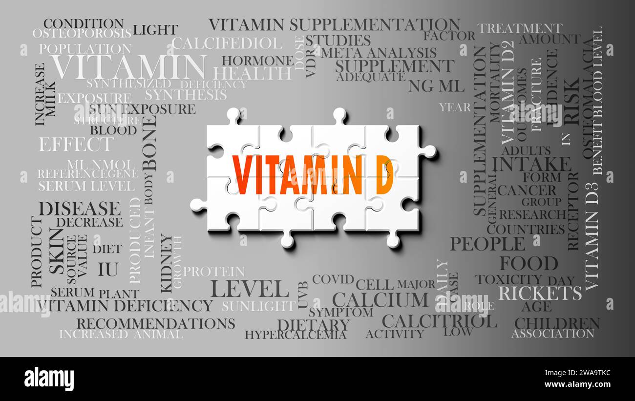 Vitamin d - ein komplexes Thema, das mit vielen Konzepten zusammenhängt. Dargestellt als Puzzle und Wortwolke aus den wichtigsten Ideen und Phrasen im Zusammenhang mit vit Stockfoto