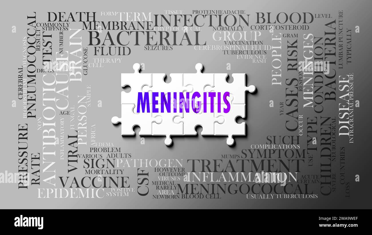 Meningitis - ein komplexes Thema, das mit vielen Begriffen zusammenhängt. Dargestellt als Puzzle und Wortwolke aus den wichtigsten Ideen und Phrasen, die mich betreffen Stockfoto