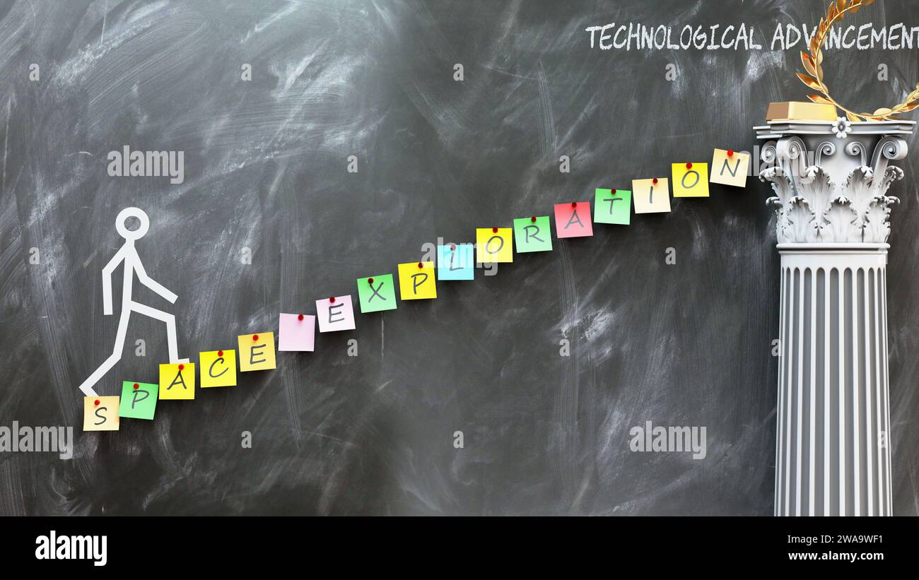 Weltraumforschung führt zu technologischem Fortschritt – eine Metapher, die zeigt, wie die Weltraumforschung den Weg zum gewünschten technologischen Fortschritt ebnet Stockfoto